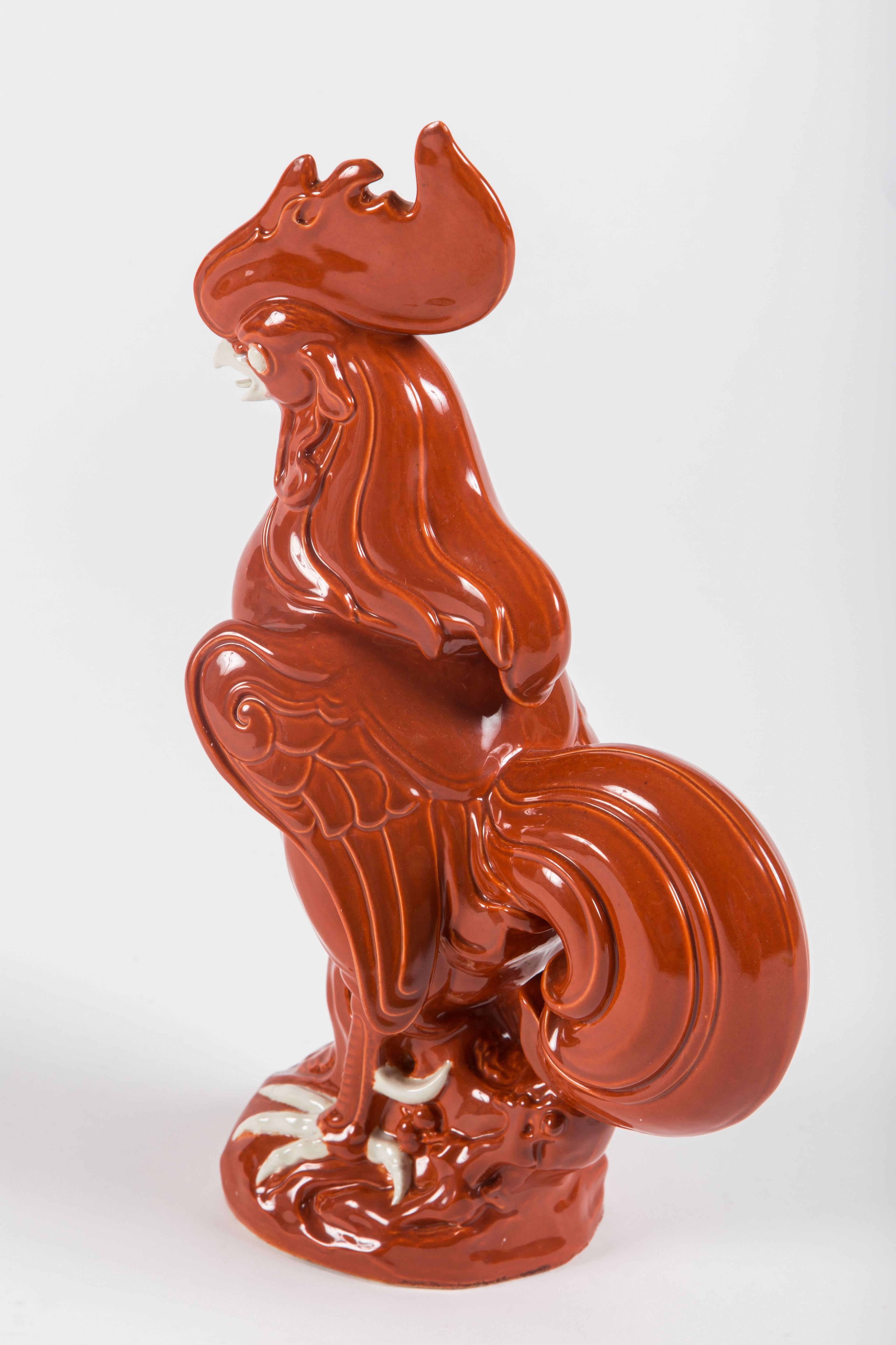 Pair of Stylized Chinese Export Porcelain Roosters in Cinnabar Glaze 2