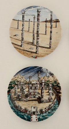 Juego de seis platos de porcelana de la edición limitada «Città di Carte», de Piero Fornasetti