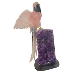 Carved Rose Quartz and Onyx Parakeet Sculpture on Amethyst Hardstone Base