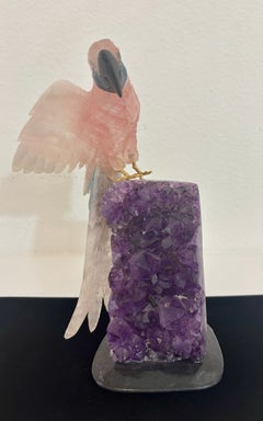 Carved Rose Quartz and Onyx Parakeet Sculpture on Amethyst Hardstone Base