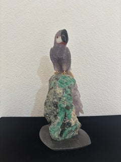 Carved Amethyst Parakeet Figure on Fluorite Base with Gilt Metal Feet