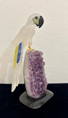 Carved Rock Crystal Parakeet Figure with Lime Quartz and Blue Calcite