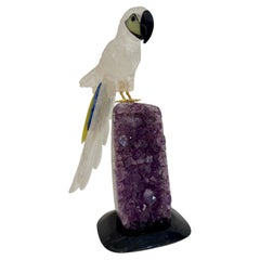 Carved Rock Crystal Parakeet Figure with Lime Quartz and Blue Calcite