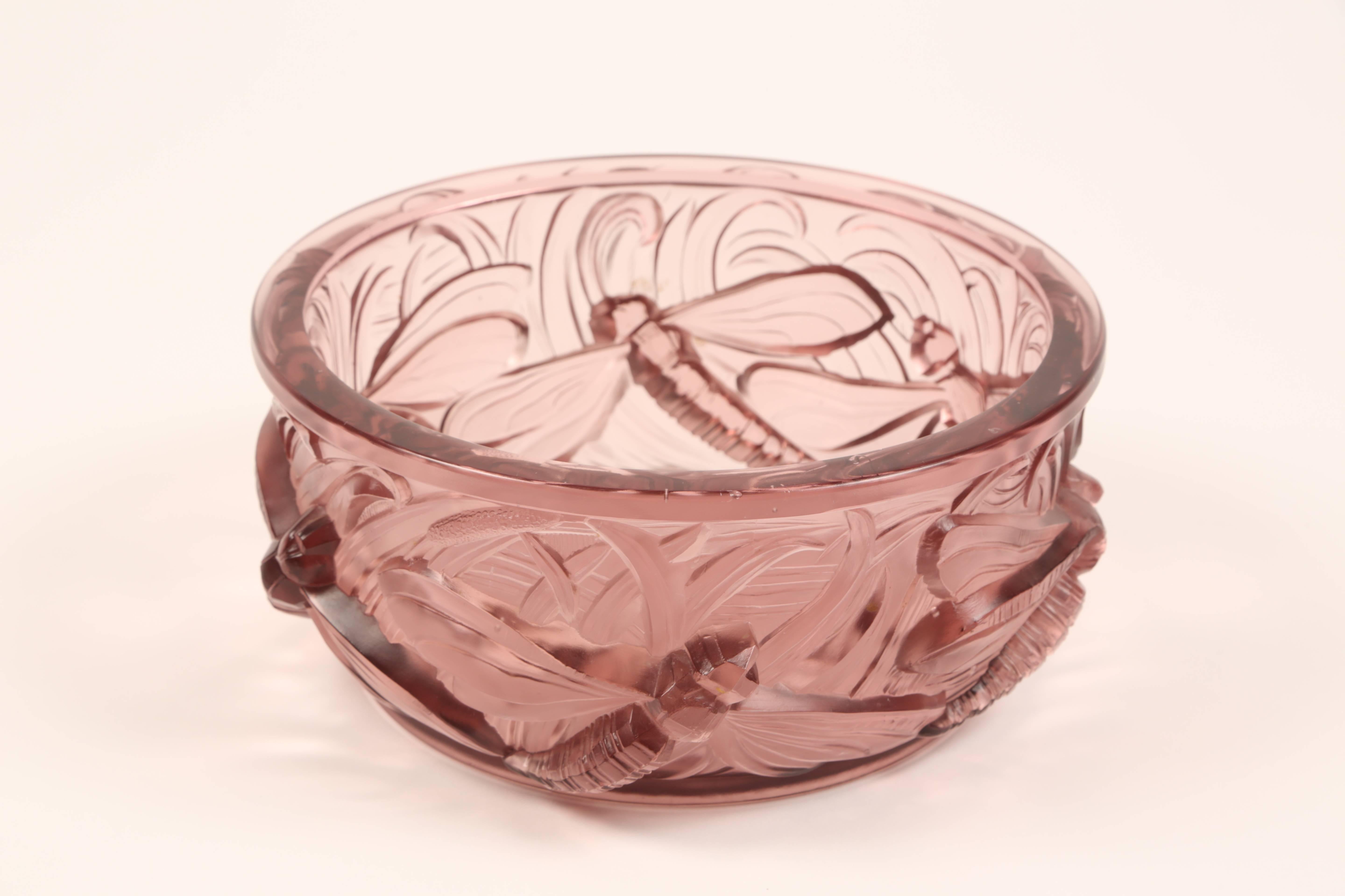 Molded Beautiful French Art Deco Dragonfly Motif Art Glass Bowl by Verlys
