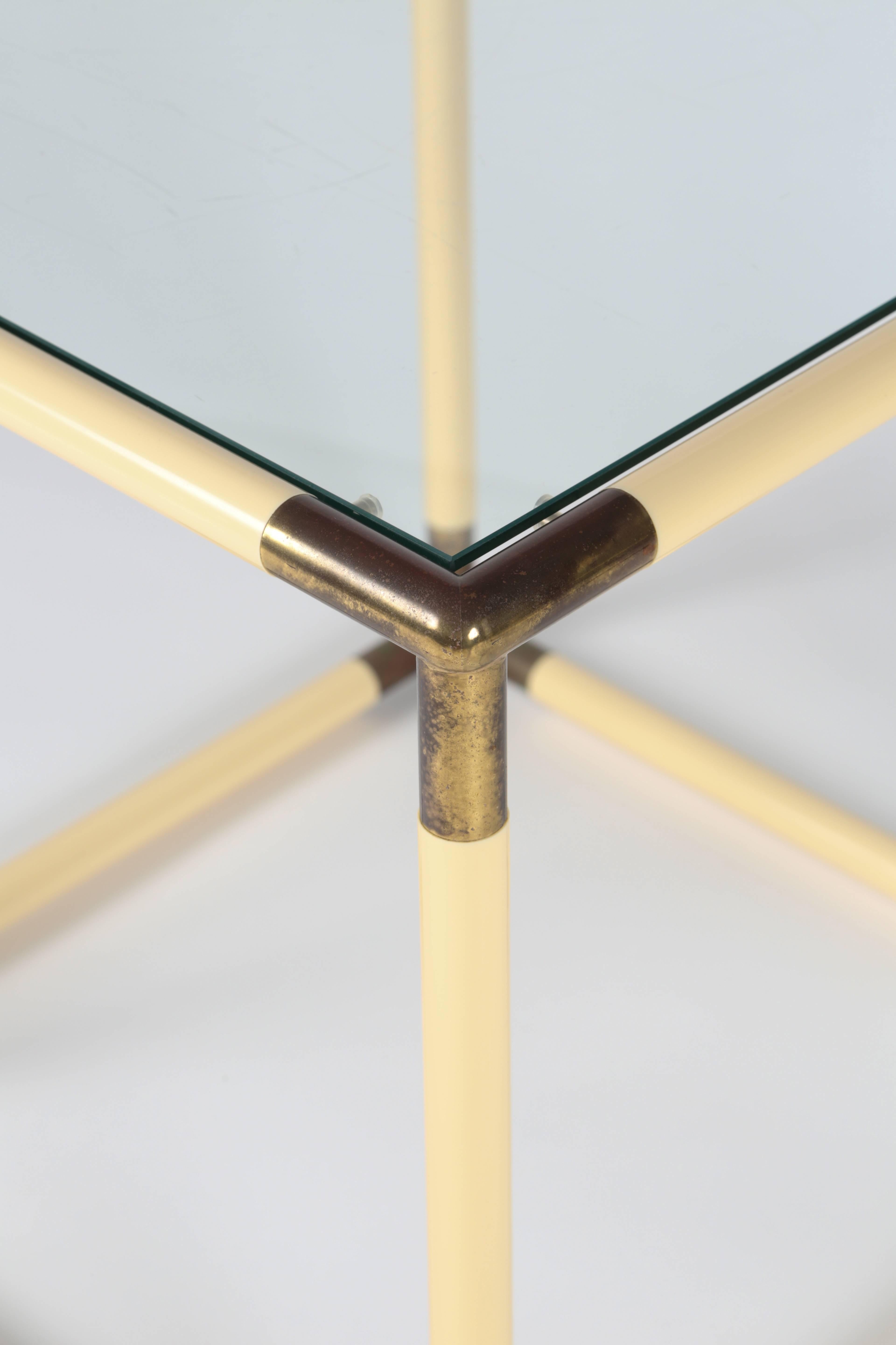 Brass Modernist Italian Geometric Cube Form Glass Top Table