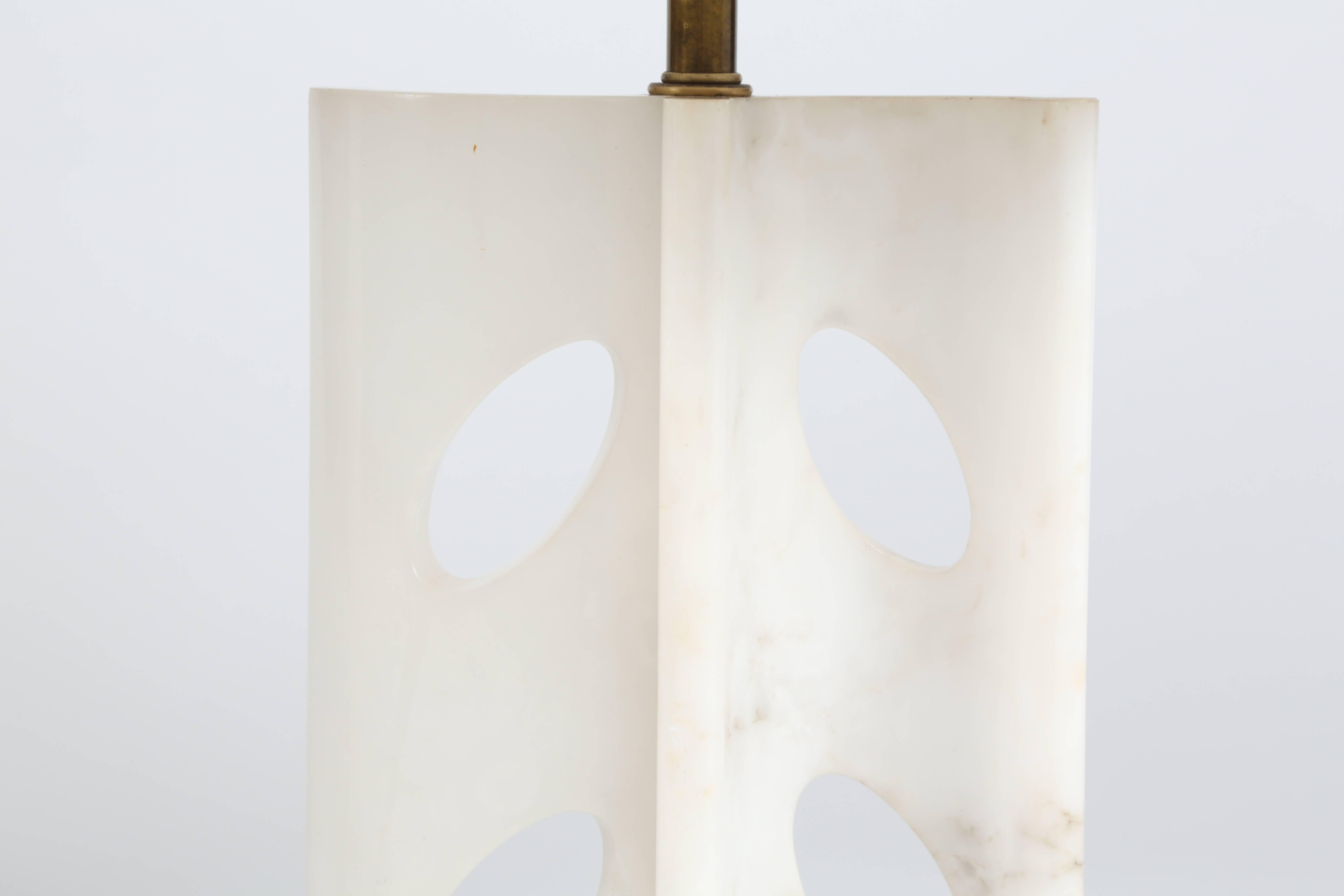 Elegant pair of table lamps by Marbro Lamp Co. featuring a undulating carved Alabaster wings with a leaf cut-out. Custom-made shades made to complement the lamps feature silk drum shades finished in a nubby casement fabric for a period feel. Lamps