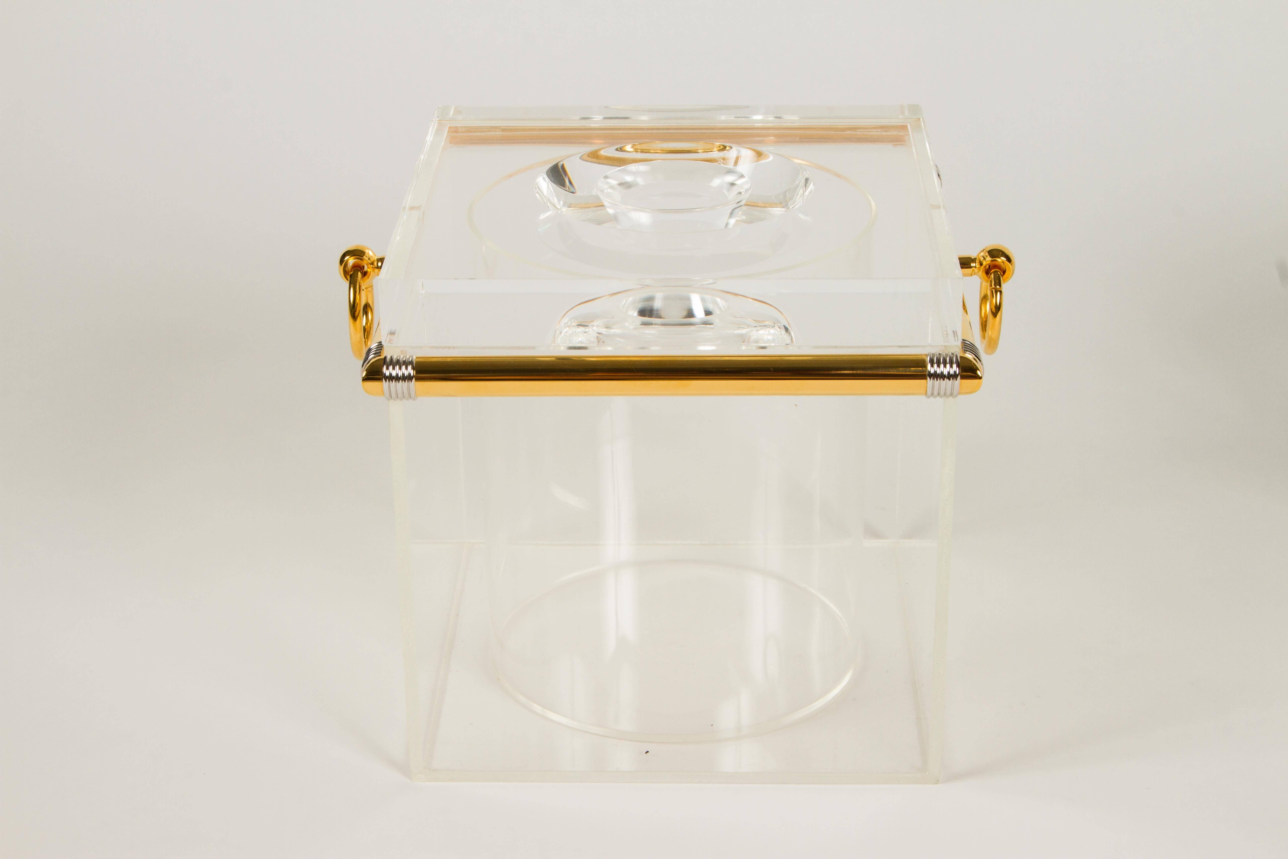 Italian Pair of Lucite Ice Buckets with Gold Plate and Silver Trim