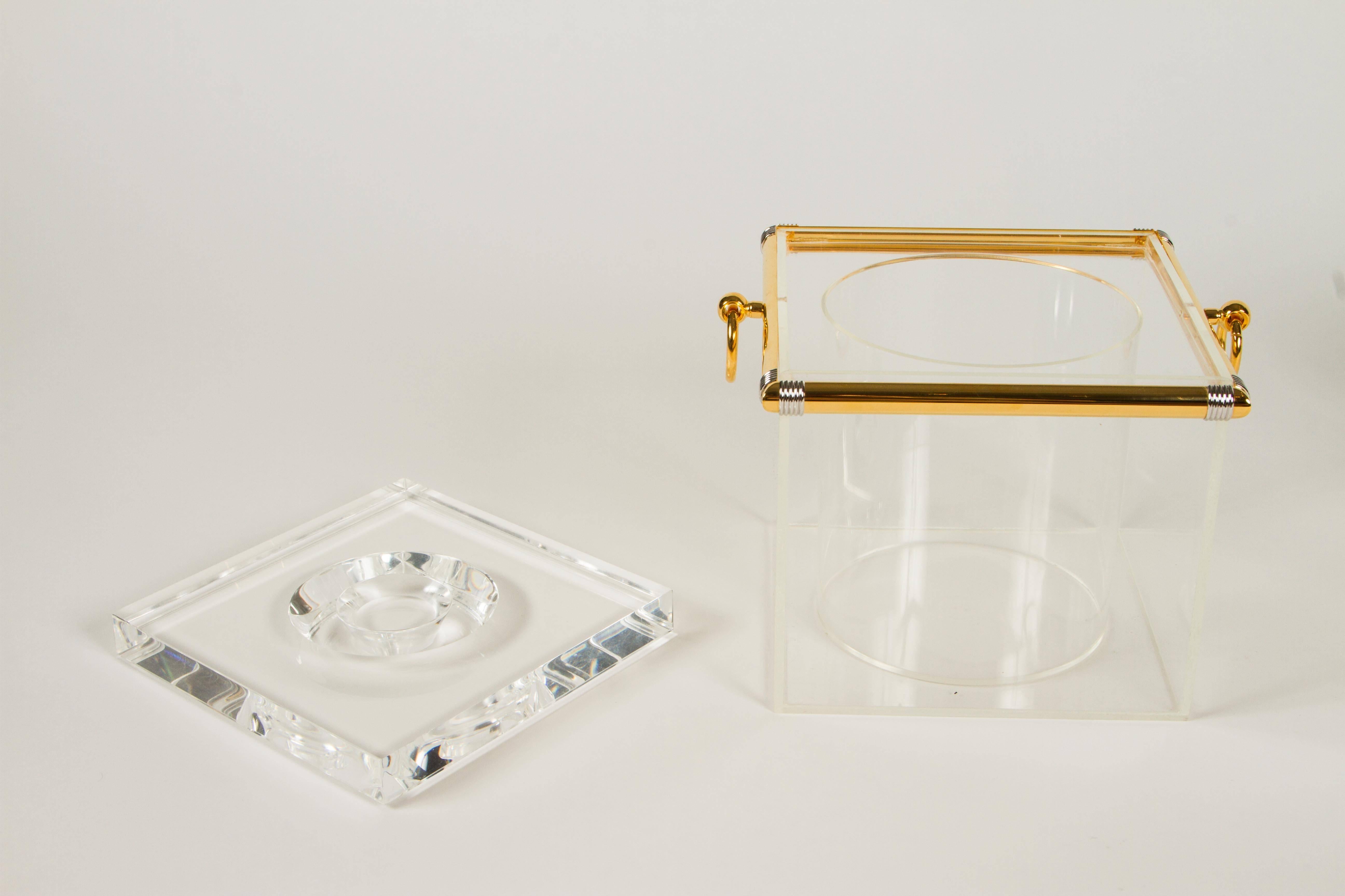 Plated Pair of Lucite Ice Buckets with Gold Plate and Silver Trim