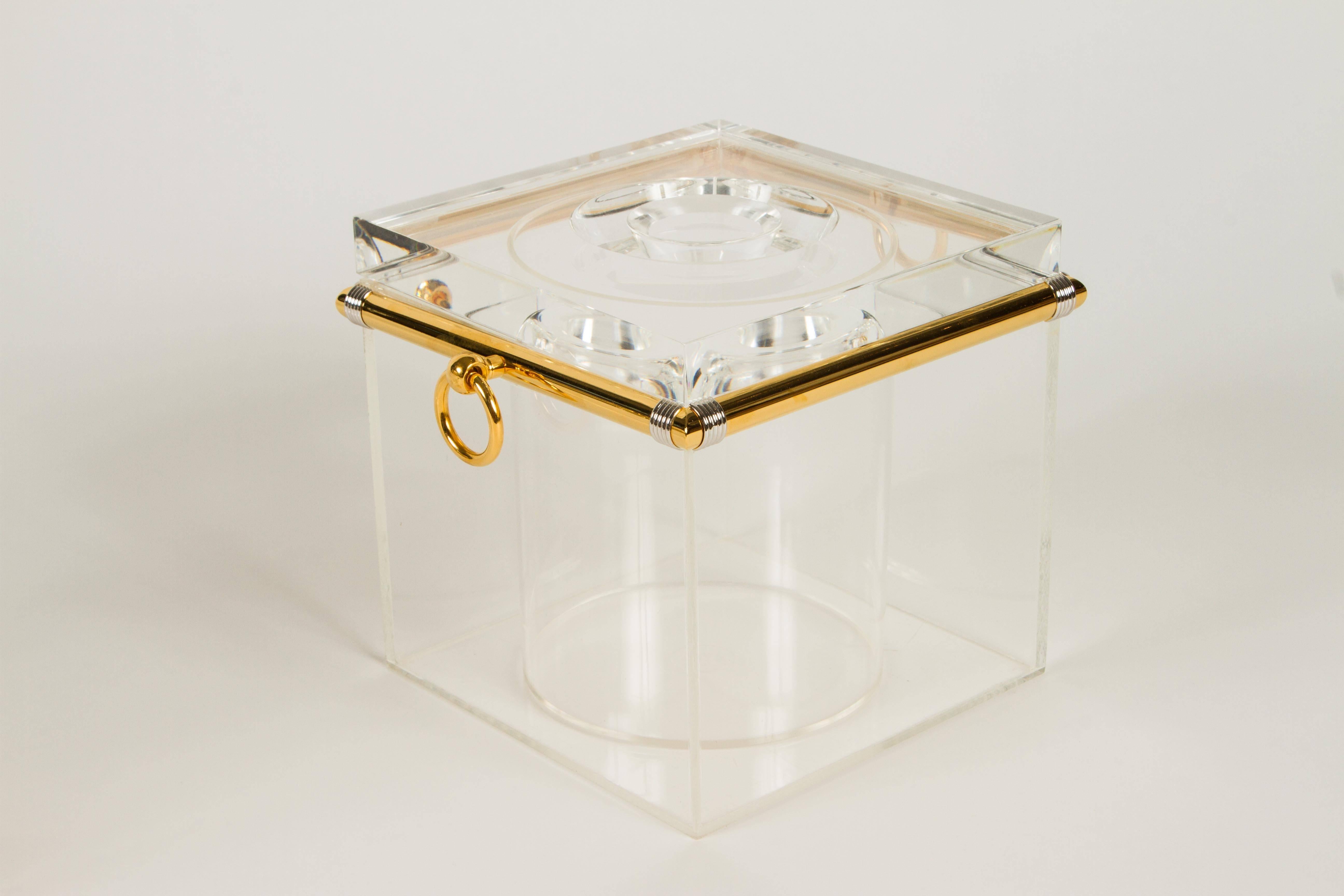 Metal Pair of Lucite Ice Buckets with Gold Plate and Silver Trim