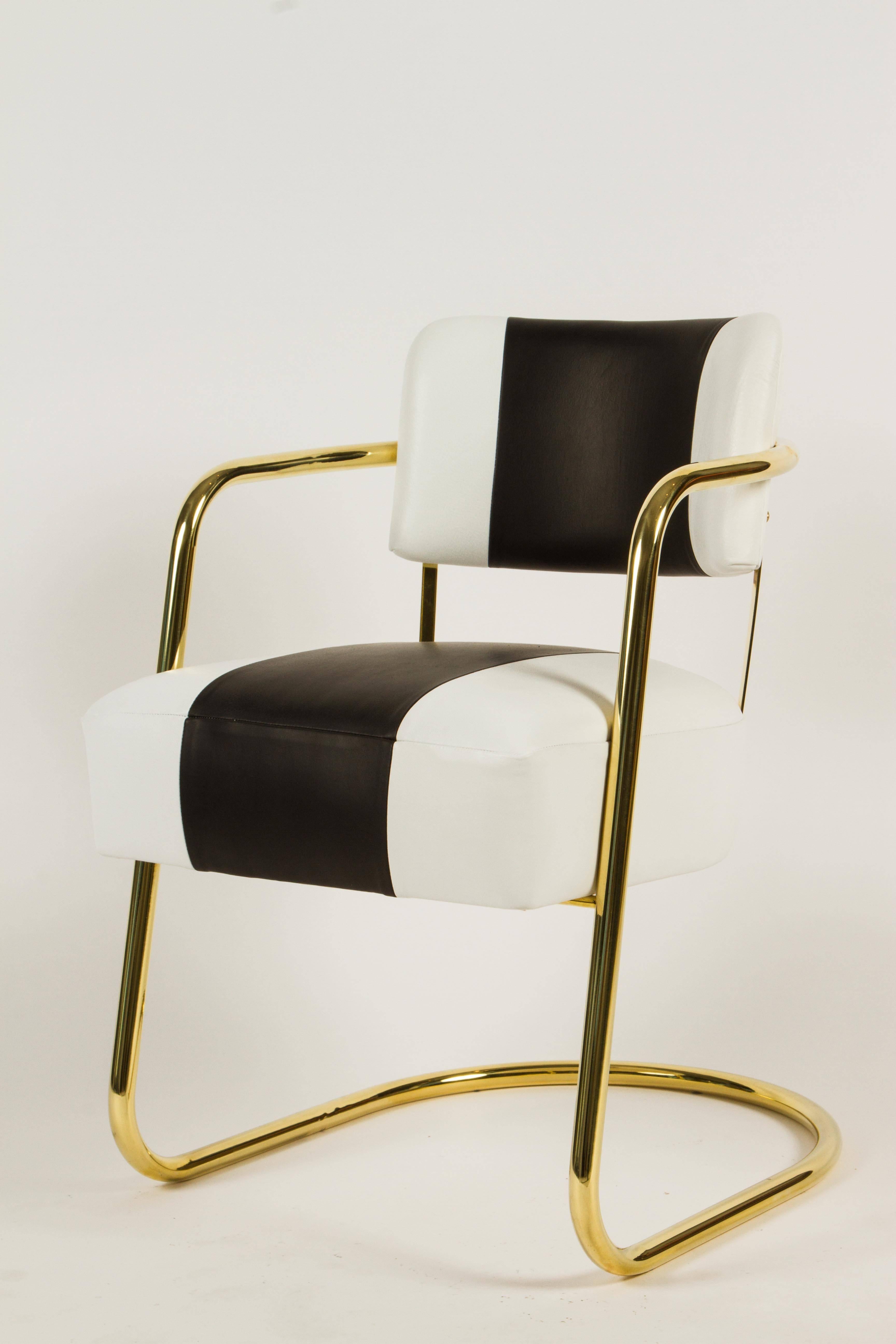 American Near Set of Six Art Deco Chairs in Brass and Leather