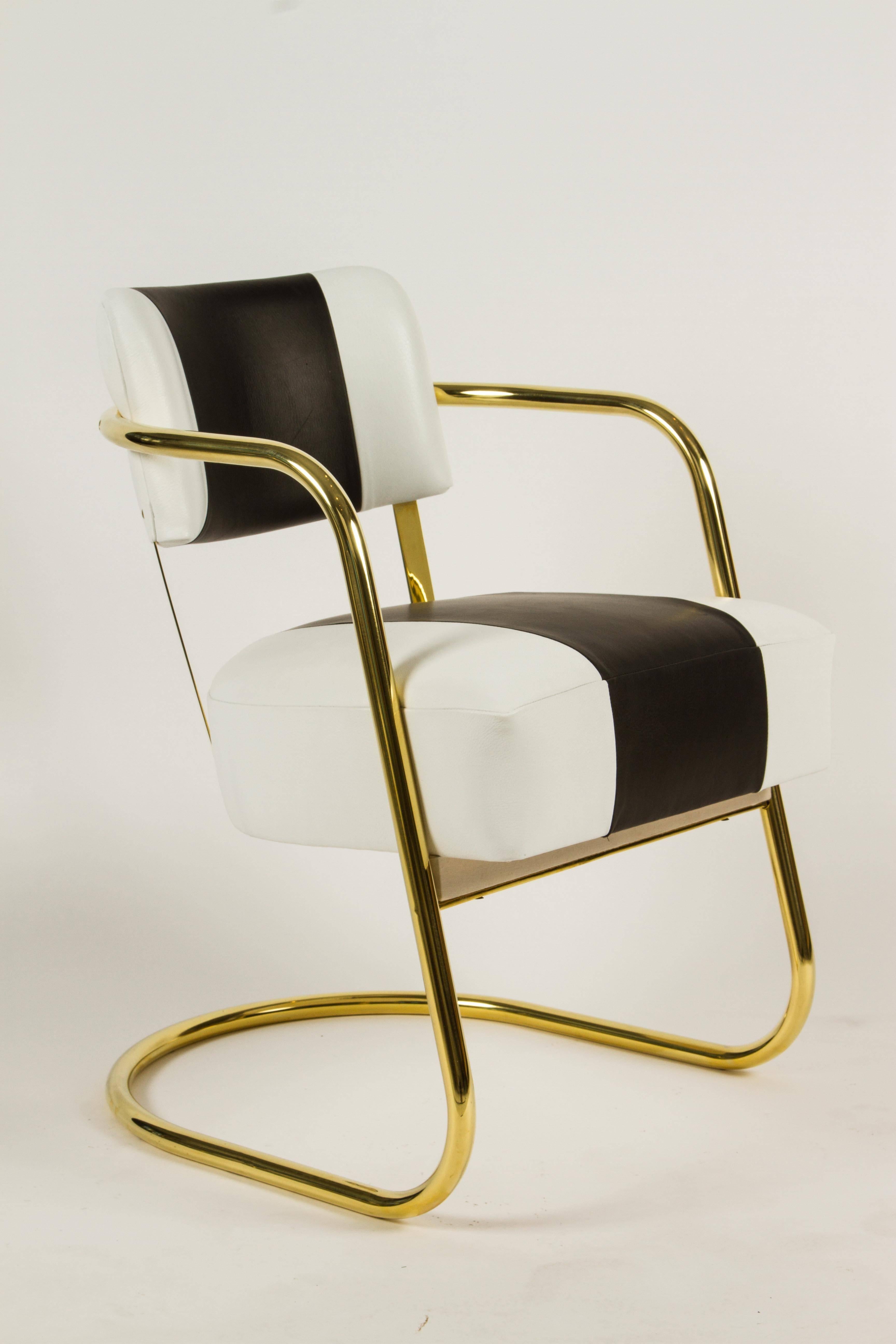 Plated Near Set of Six Art Deco Chairs in Brass and Leather