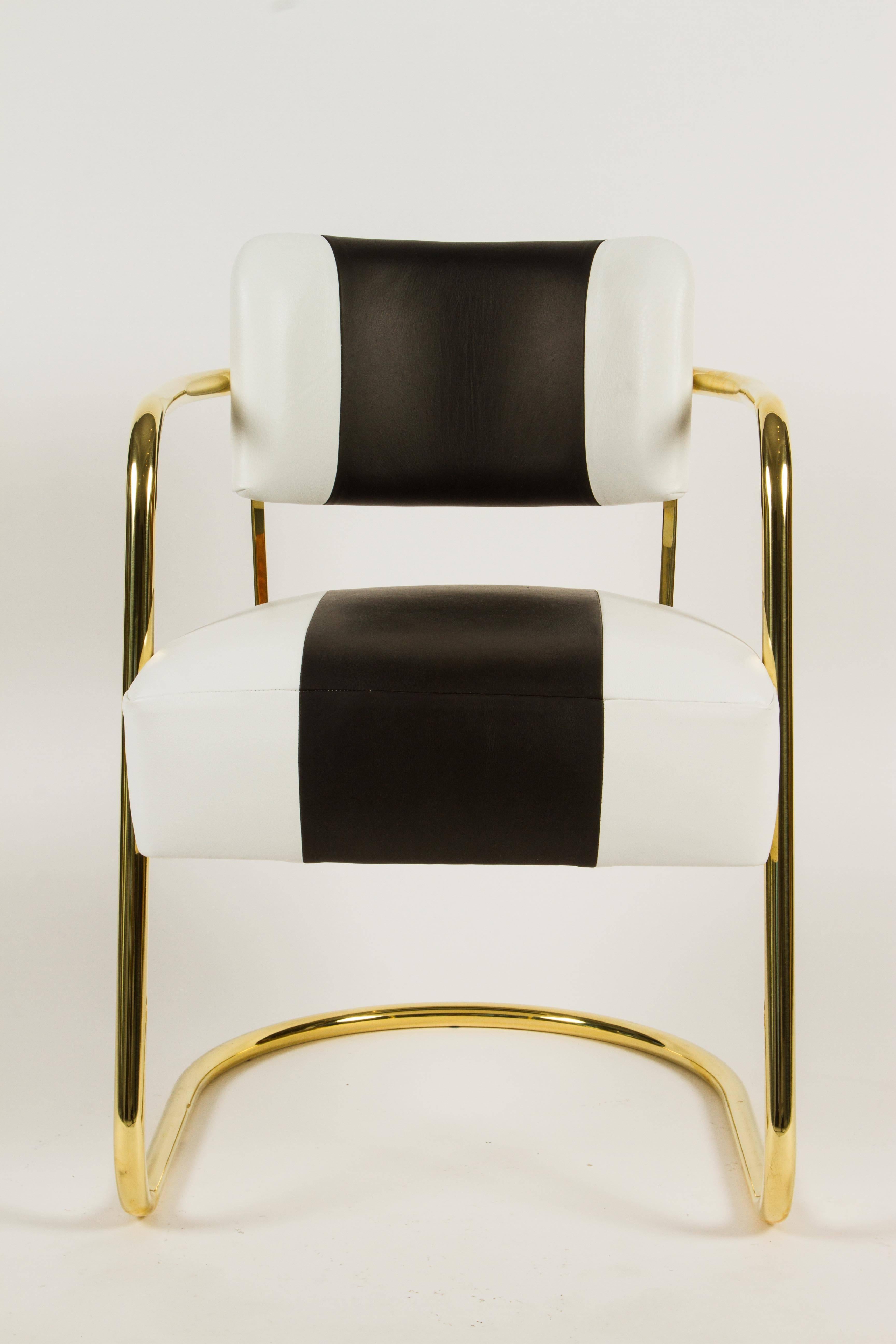 Near Set of Six Art Deco Chairs in Brass and Leather In Excellent Condition In Palm Desert, CA