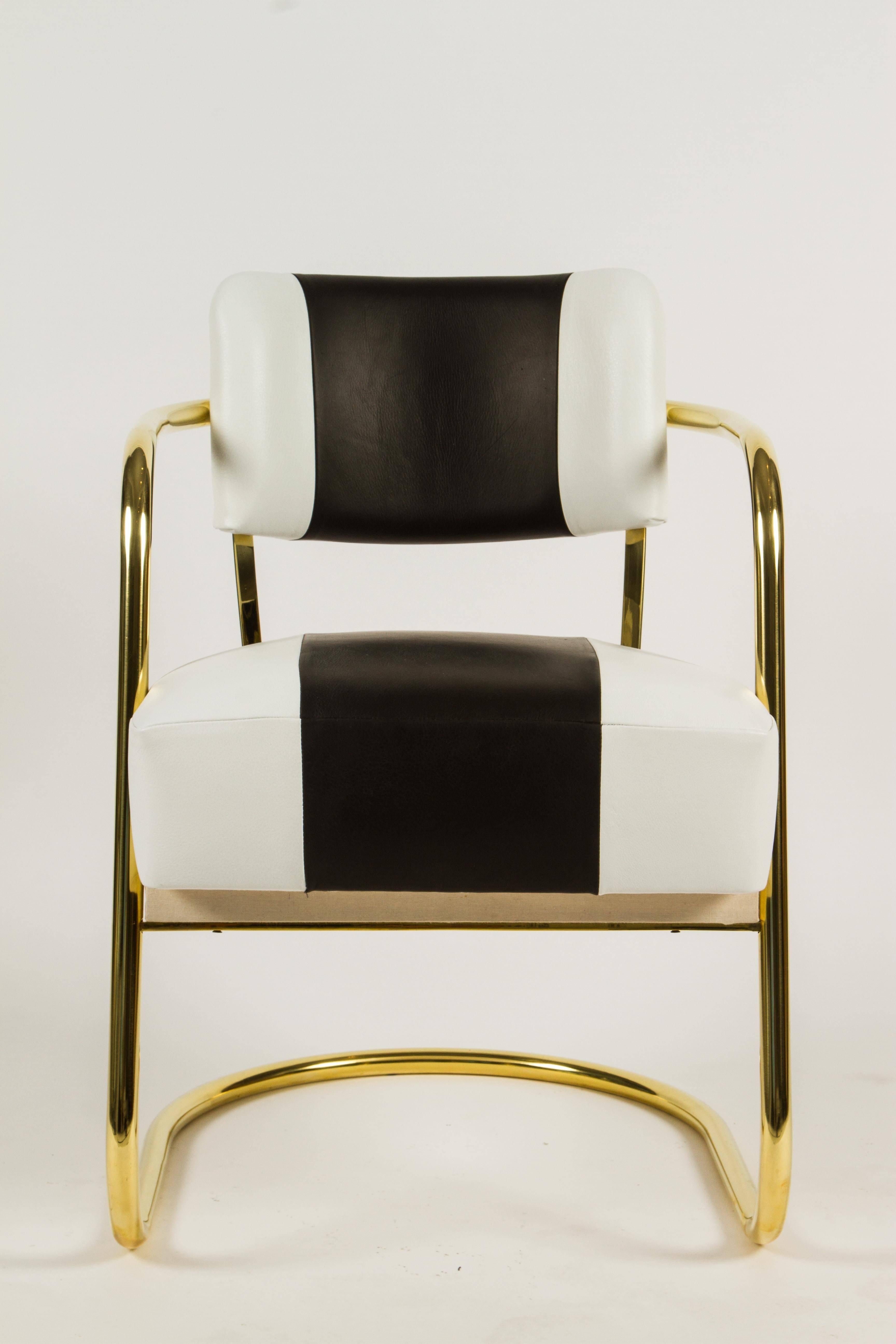 Early 20th Century Near Set of Six Art Deco Chairs in Brass and Leather