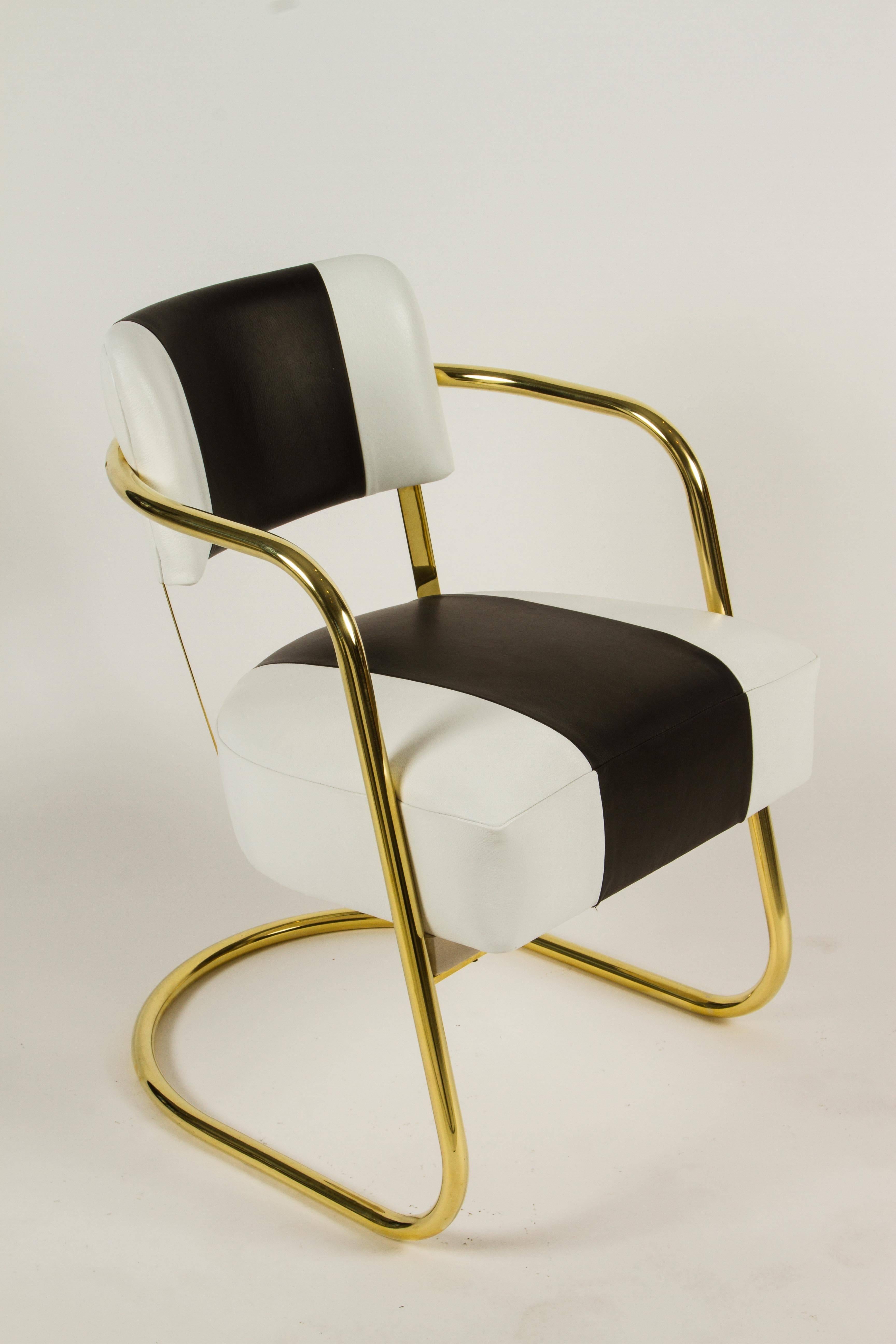 Metal Near Set of Six Art Deco Chairs in Brass and Leather