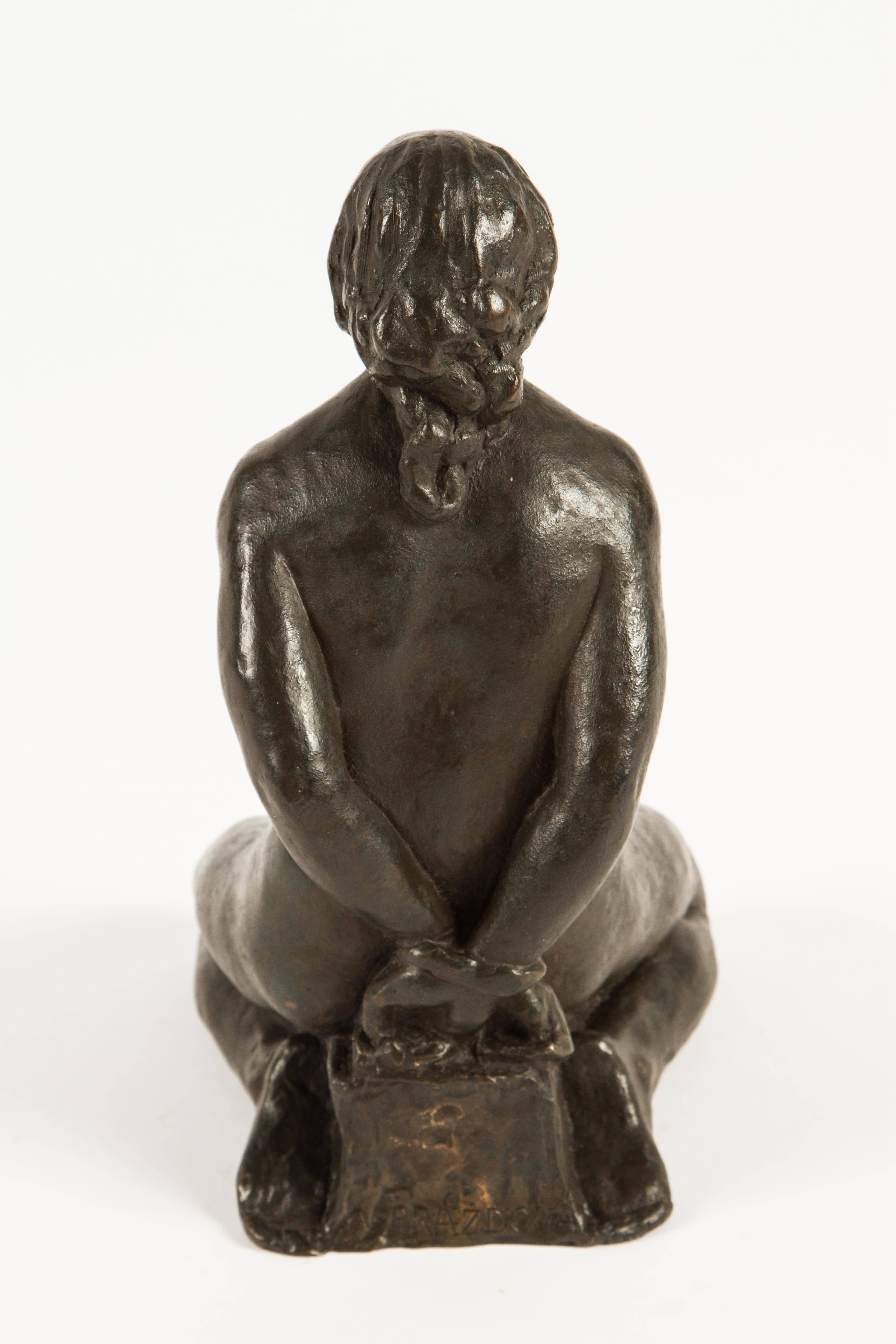 Bronze sculpture of a kneeling woman with her hands bound behind her back sign Prozdova. Beautiful patina.