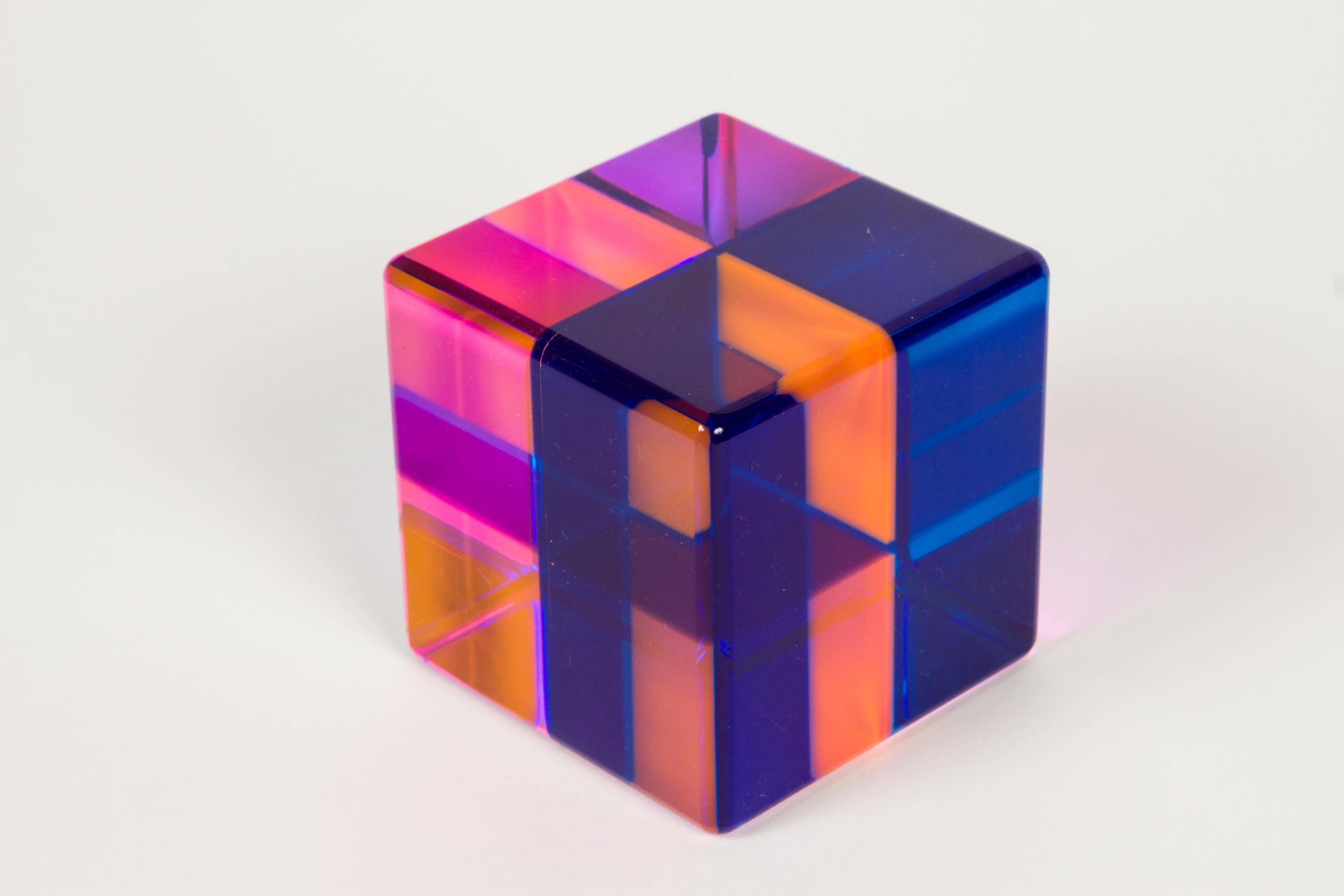 Lucite Multi-Color Large Cube Sculpture by Vassa