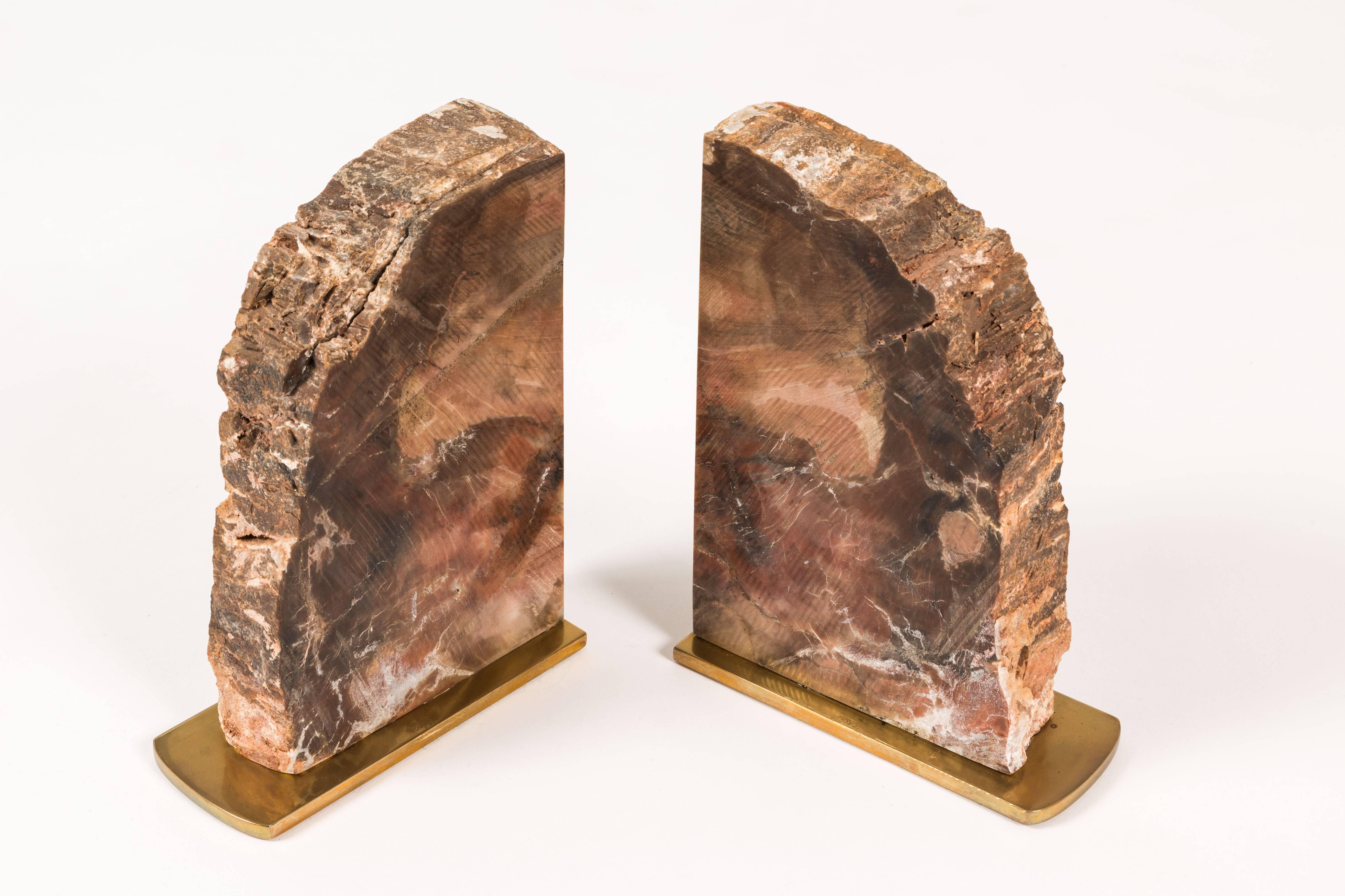 Brass Petrified Wood Bookends by Gibson