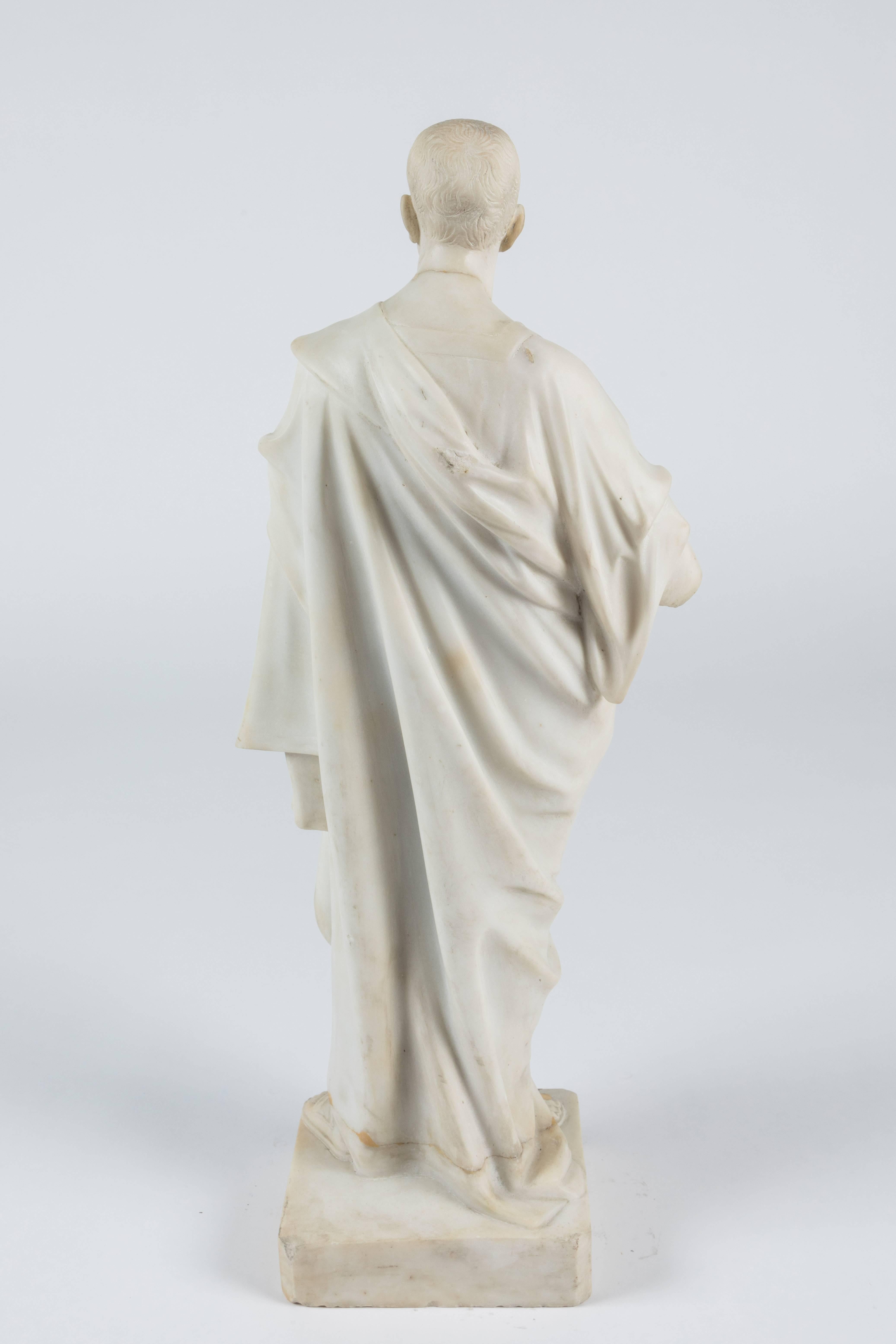 Hand-Carved Marble Statue of a Robed Roman Figure