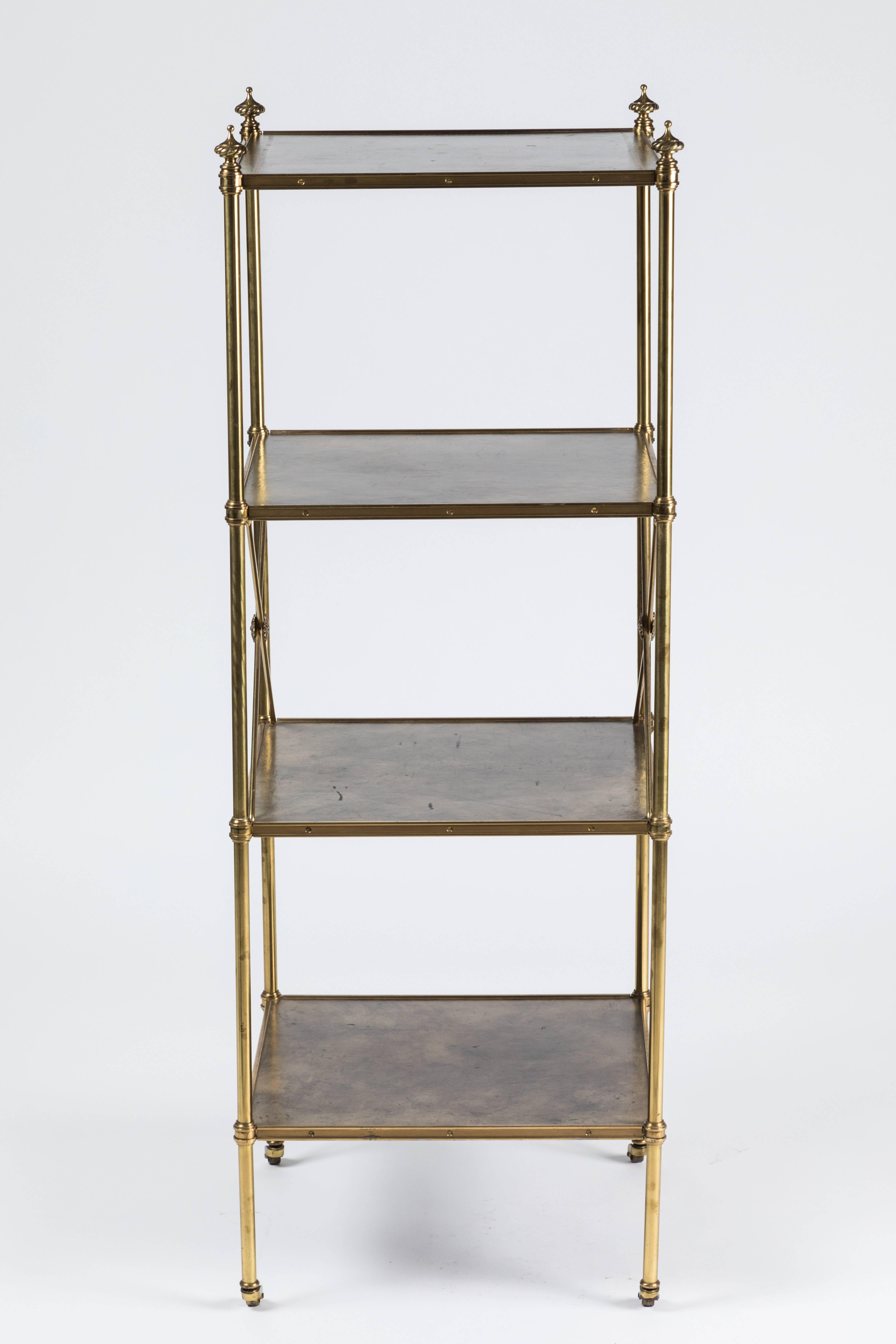 American Empire Style Brass and Leather Etagere by Baker