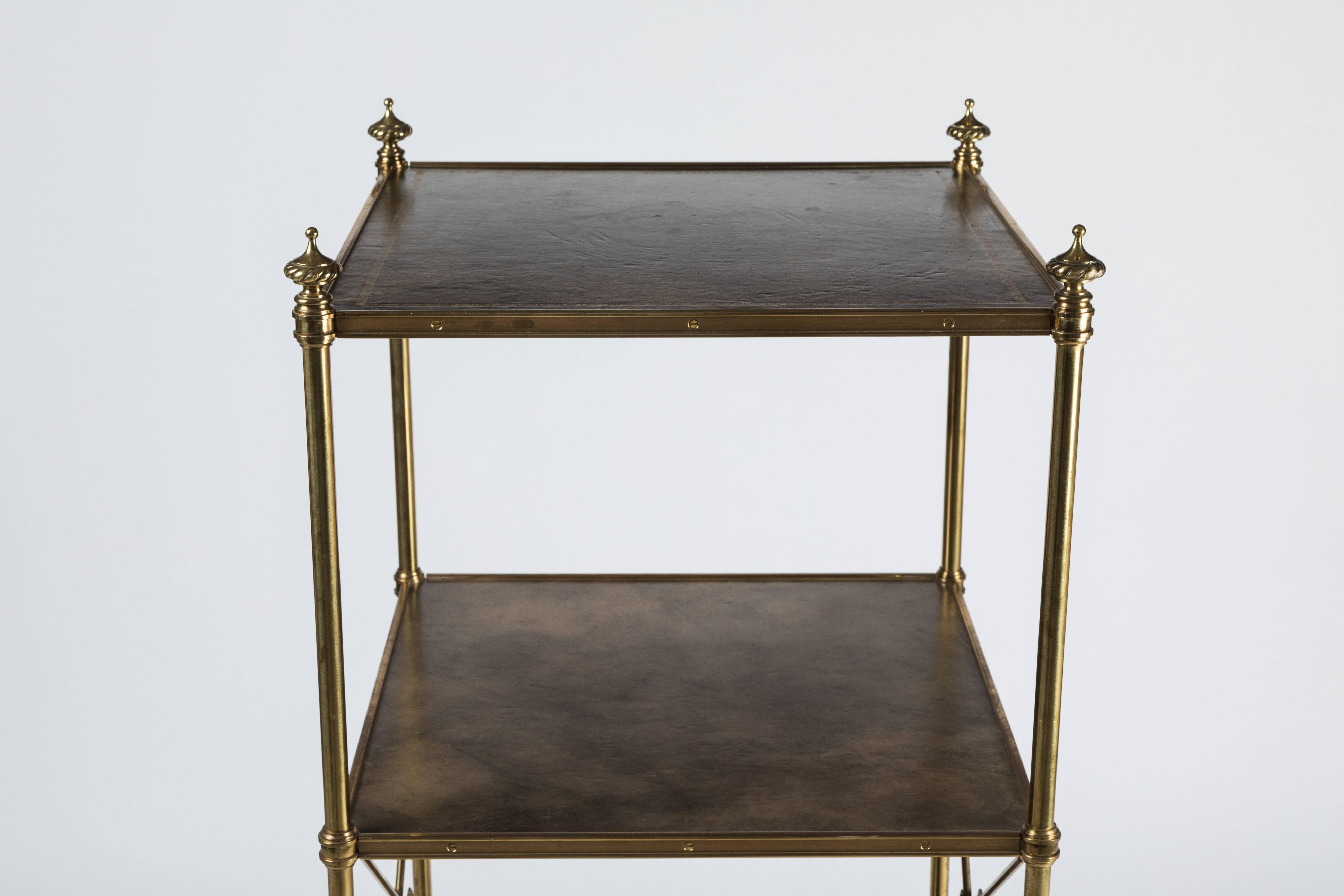 Polished Empire Style Brass and Leather Etagere by Baker