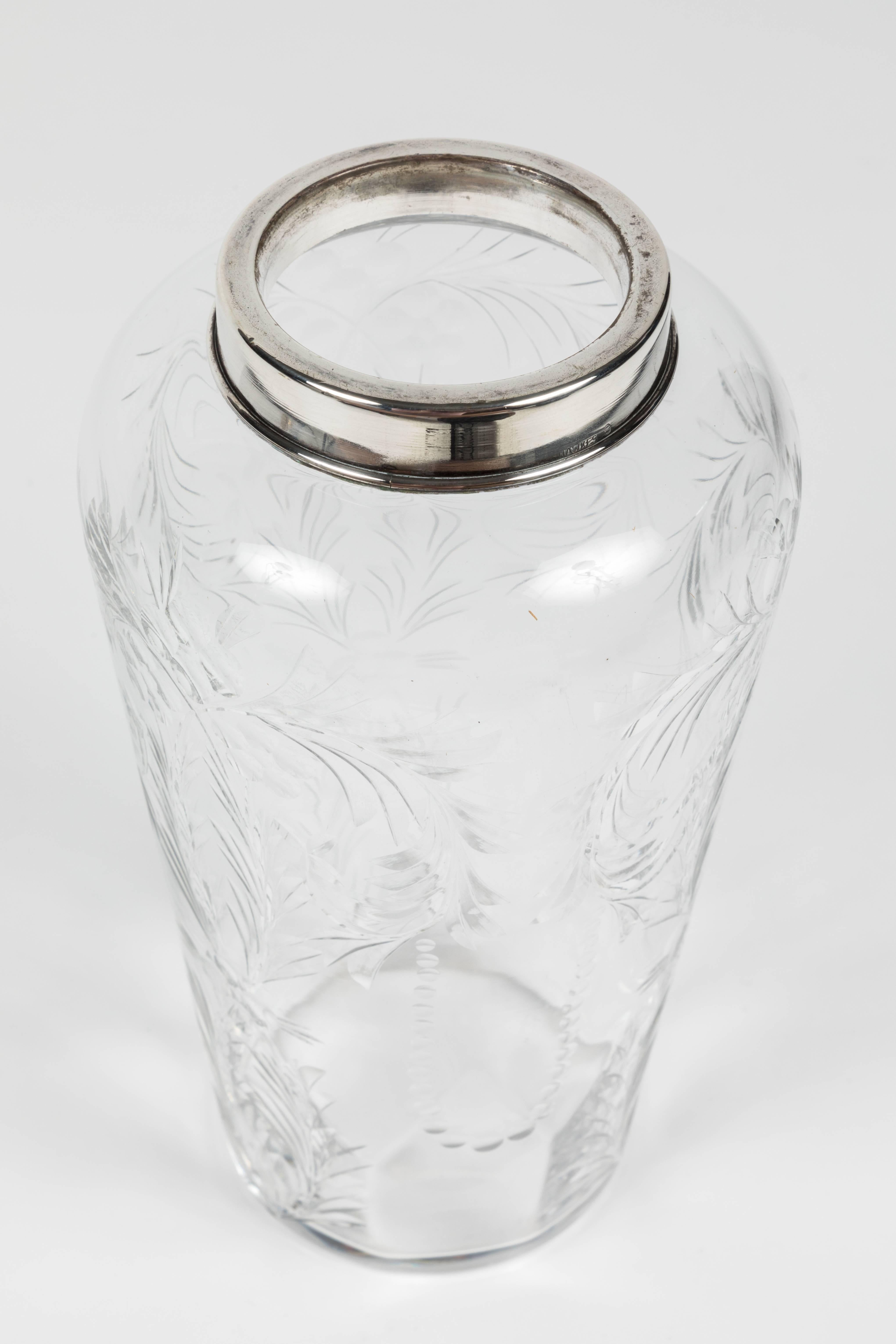 American Etched Crystal and Silver-Plated Cocktail Shaker by Hawkes