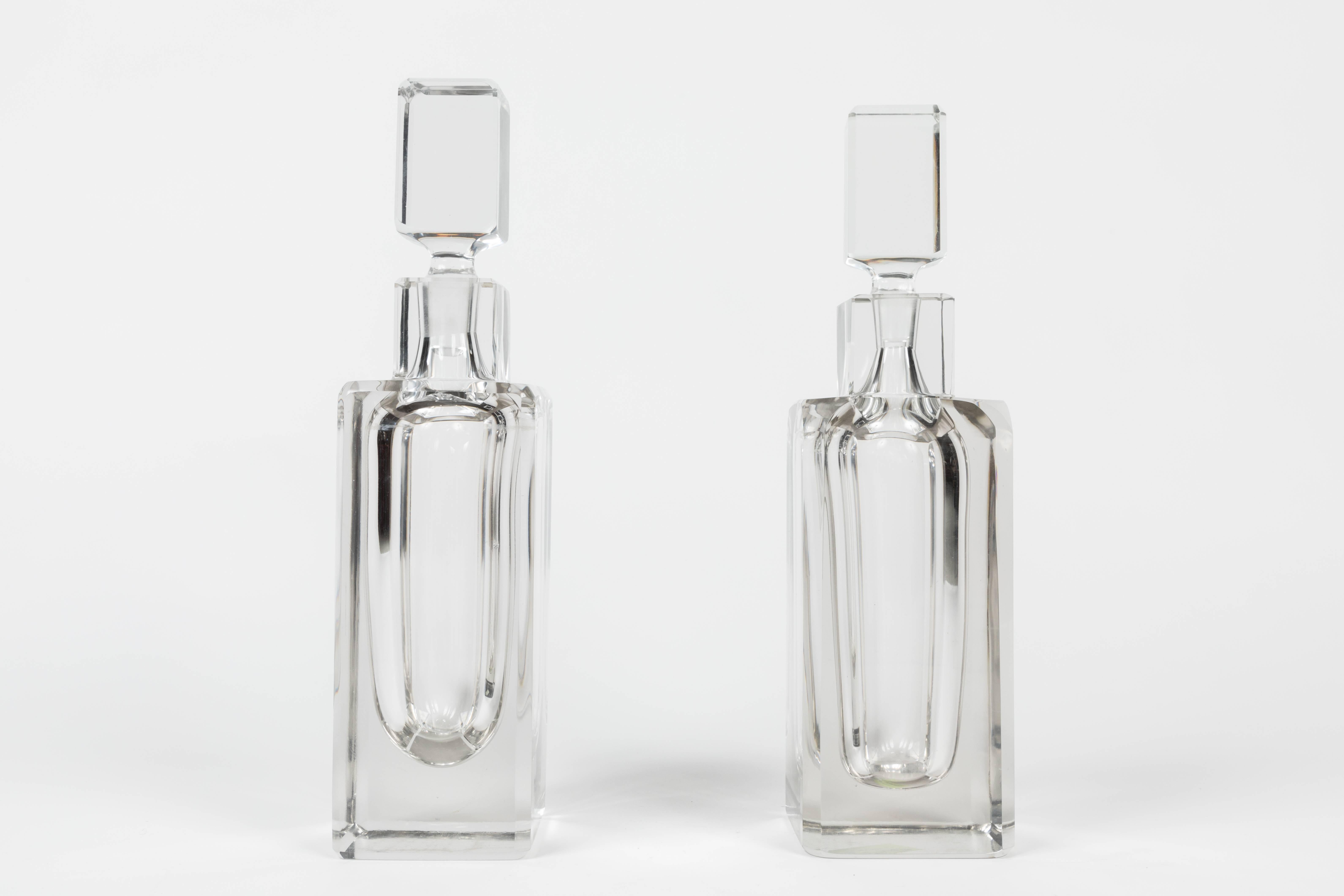Beautiful period Art Deco decanters in Fine crystal.  Decanters are very heavy as the walls are very hick.  Super stylish one of the decanters retains a “Czechoslovakian acid stamp” on the underside.