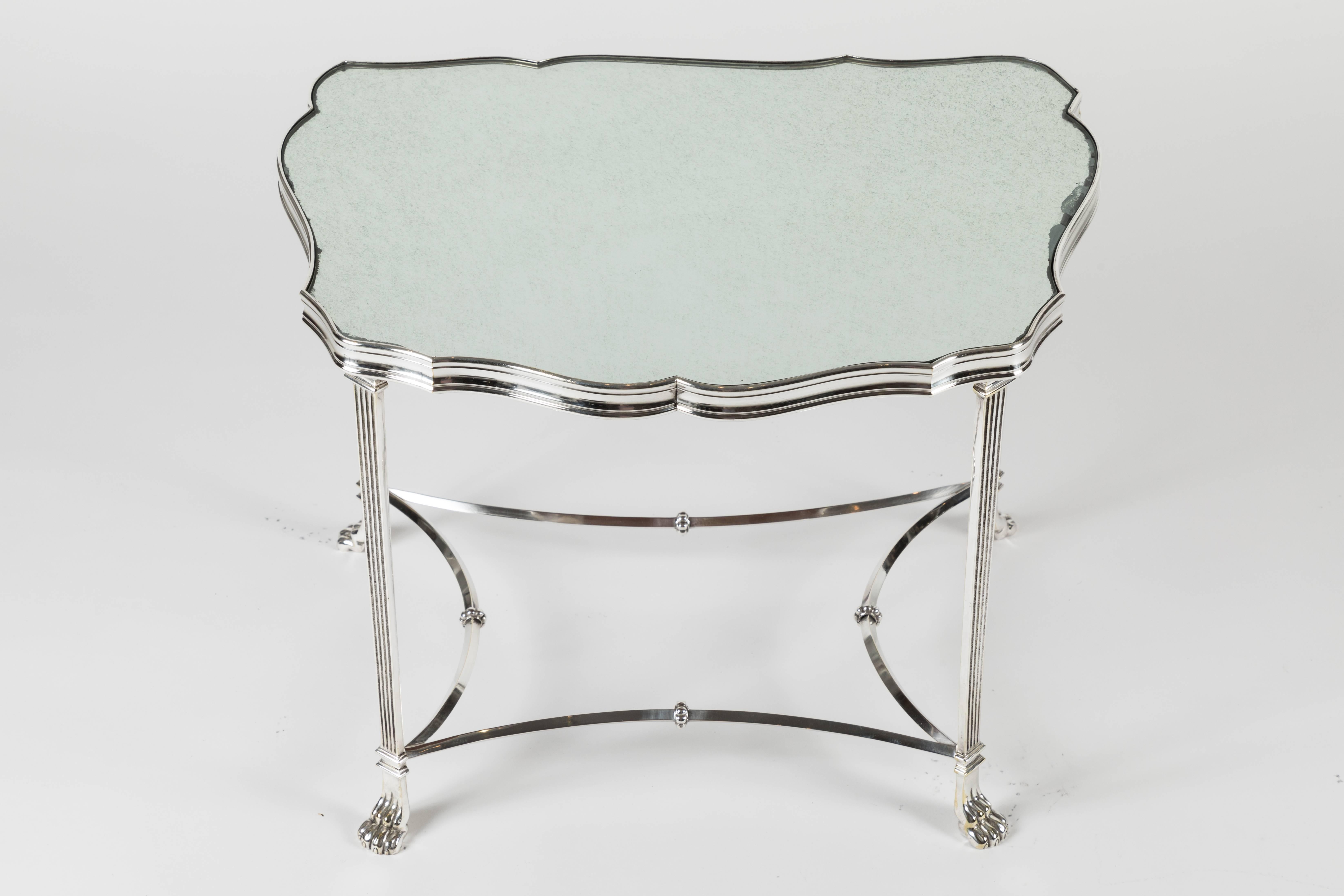 Plated Pair of French Silver Plate and Mirrored-Top Side Tables