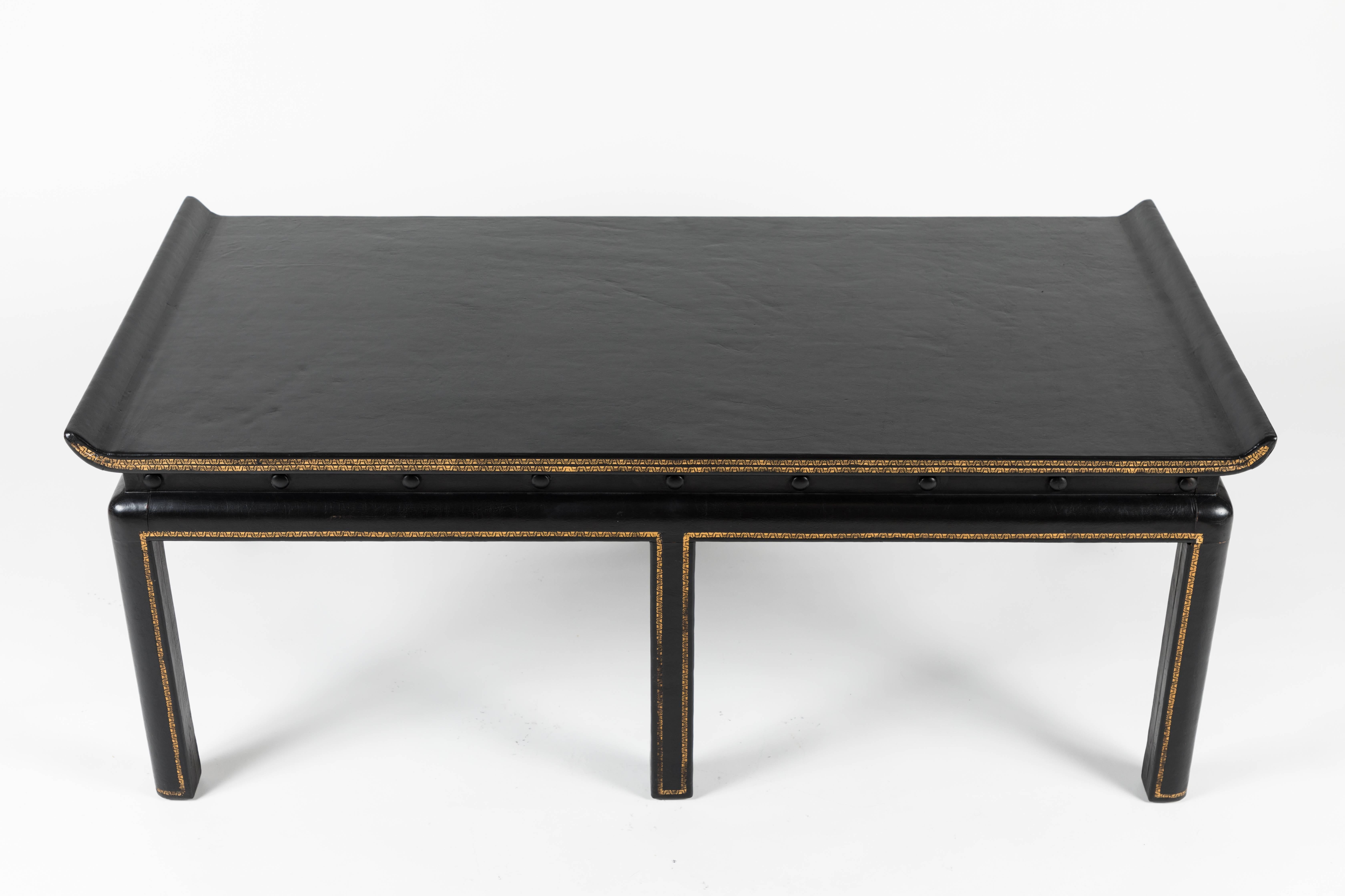 Veneer Chinoiserie Style Leather Wrapped Cocktail Table by William Haines