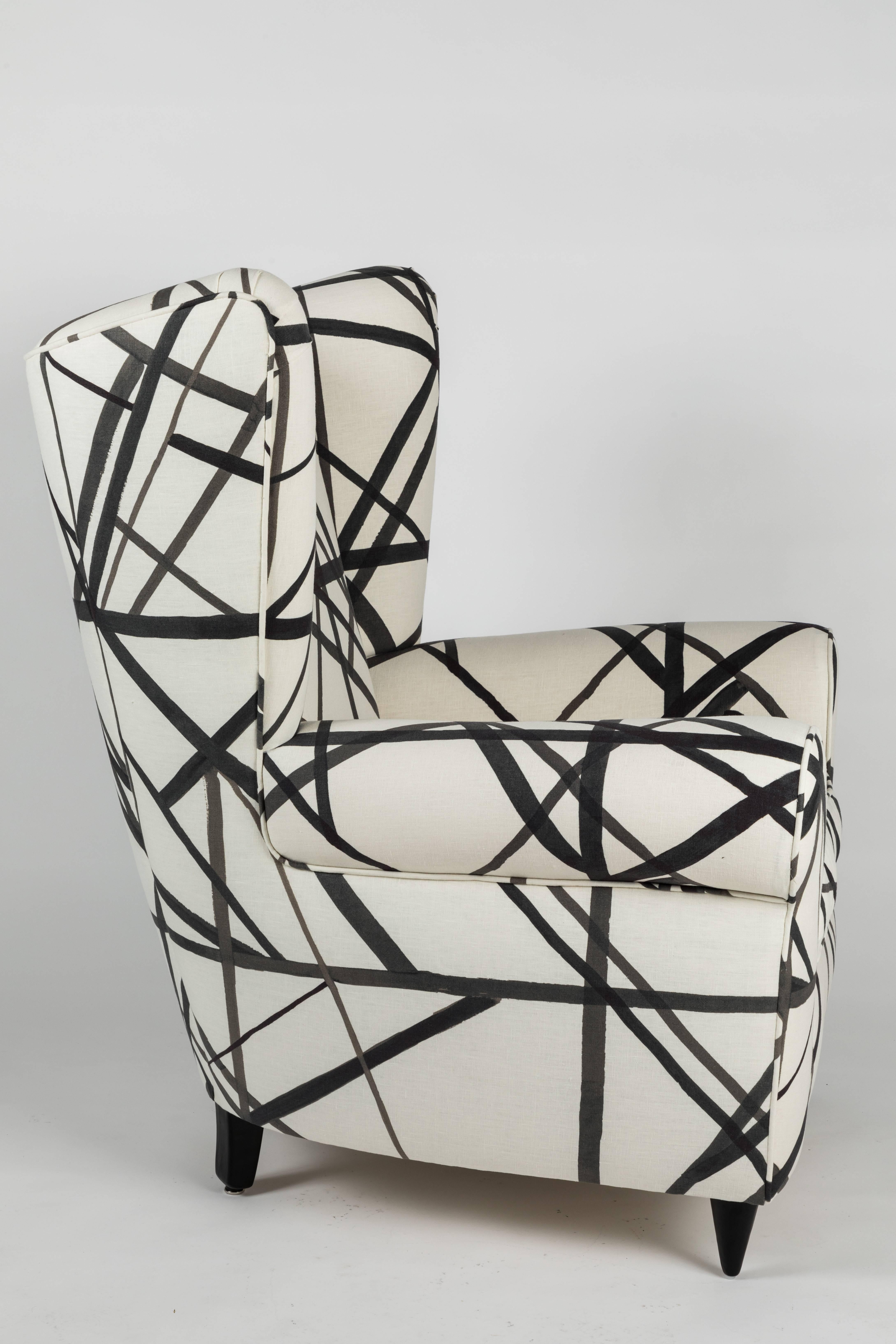 Mid-20th Century Italian Wingback Chairs Covered in Kelly Wearstler Textile