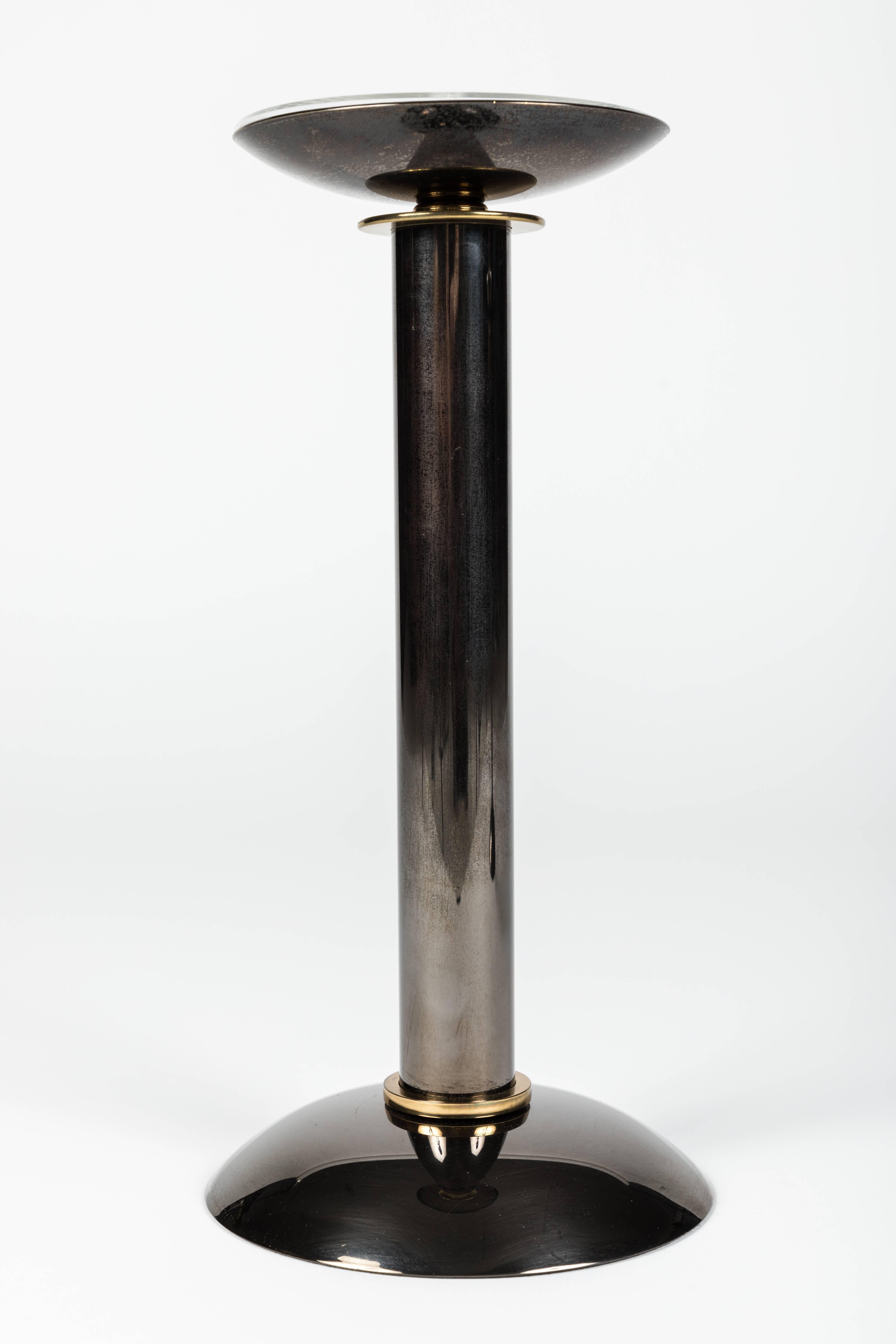 Patinated Pair of Modernist Candlesticks by Karl Springer