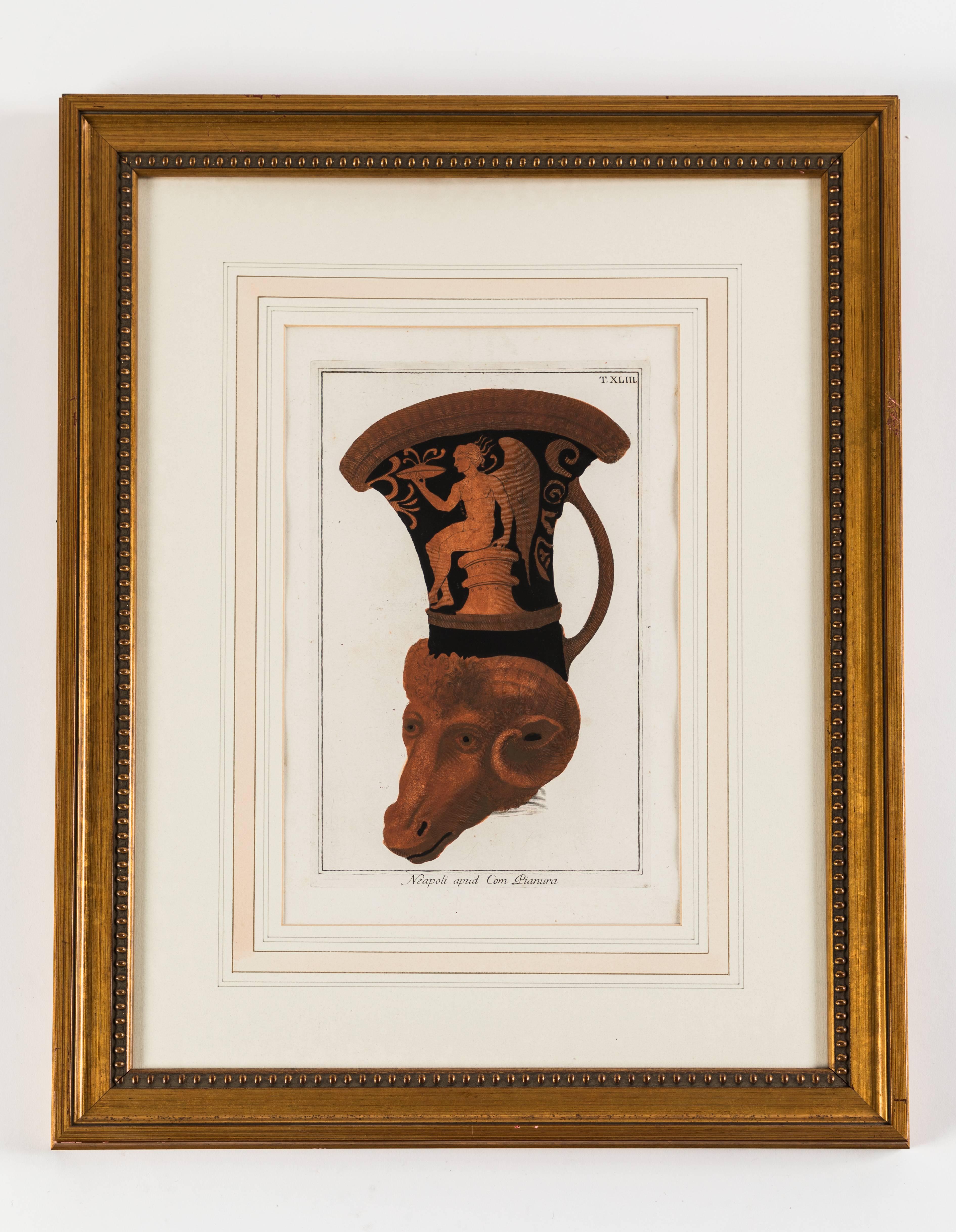 Ensemble de trois gravures encadrées représentant des poteries grecques en verre à figures rouges.

Empreinte gauche : Marqué : T.XV. - 