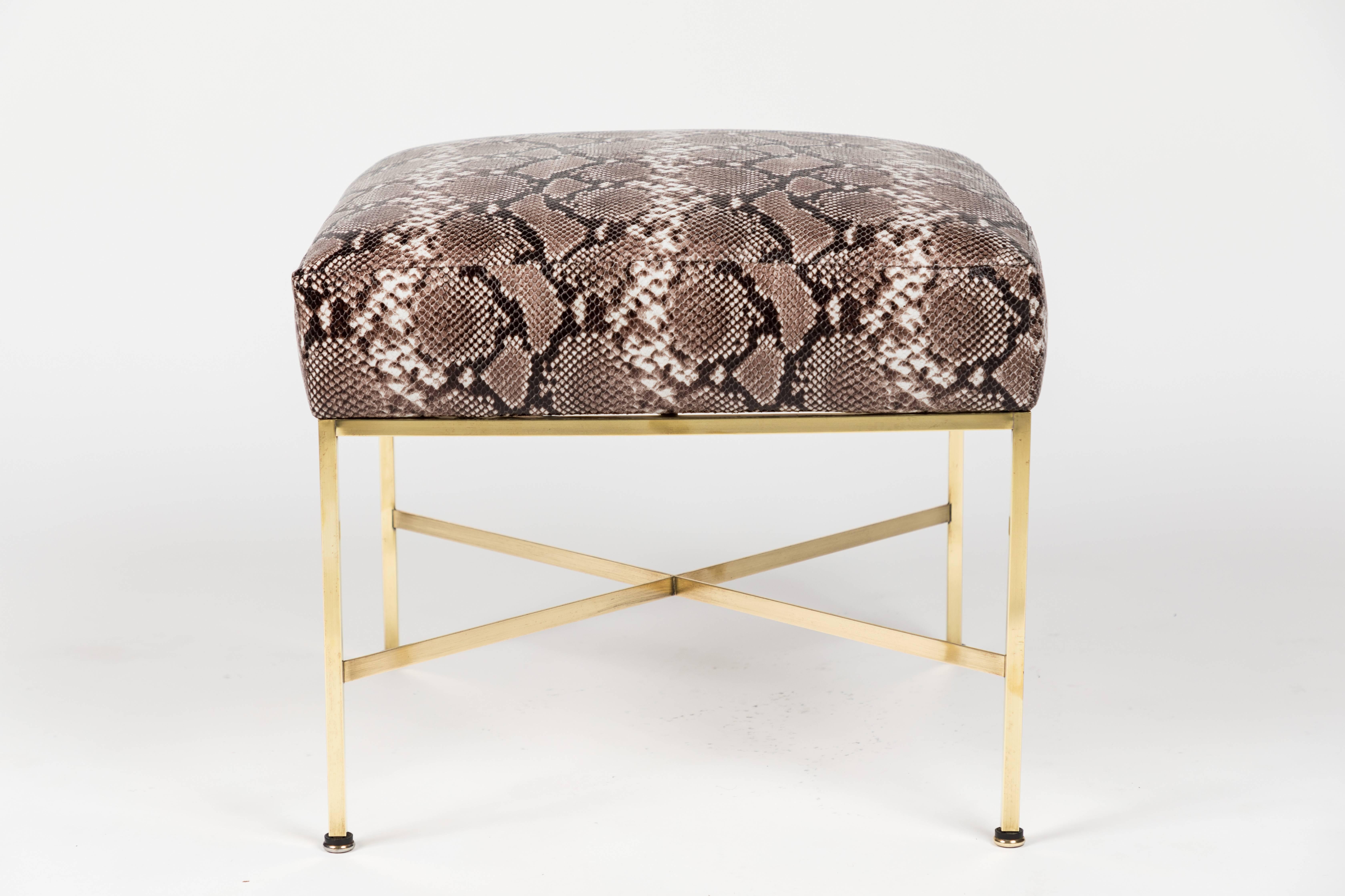 Pair of Brass and Python-Printed Leather Stools by Paul McCobb 2