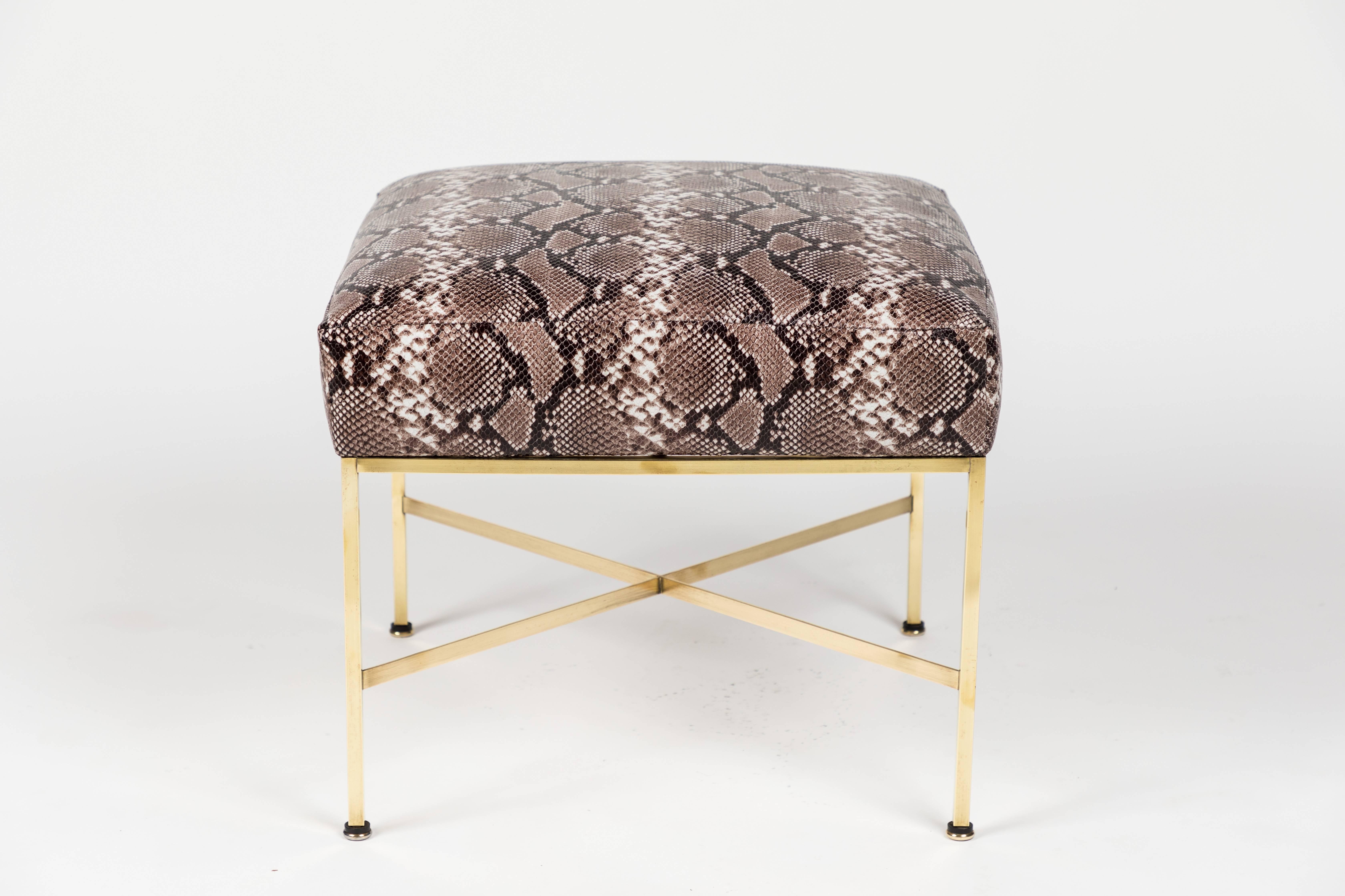 Pair of Brass and Python-Printed Leather Stools by Paul McCobb 1