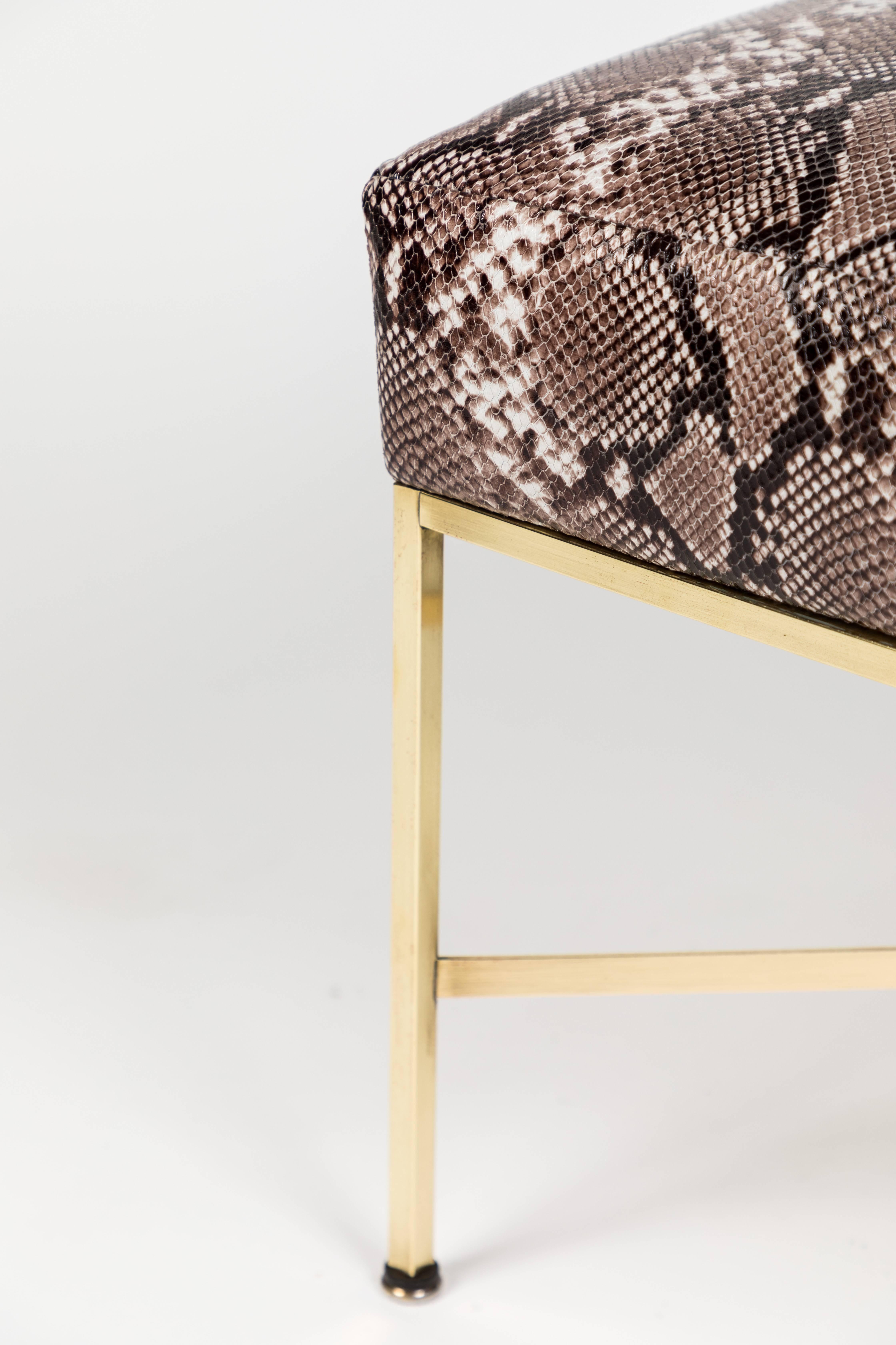 American Pair of Brass and Python-Printed Leather Stools by Paul McCobb