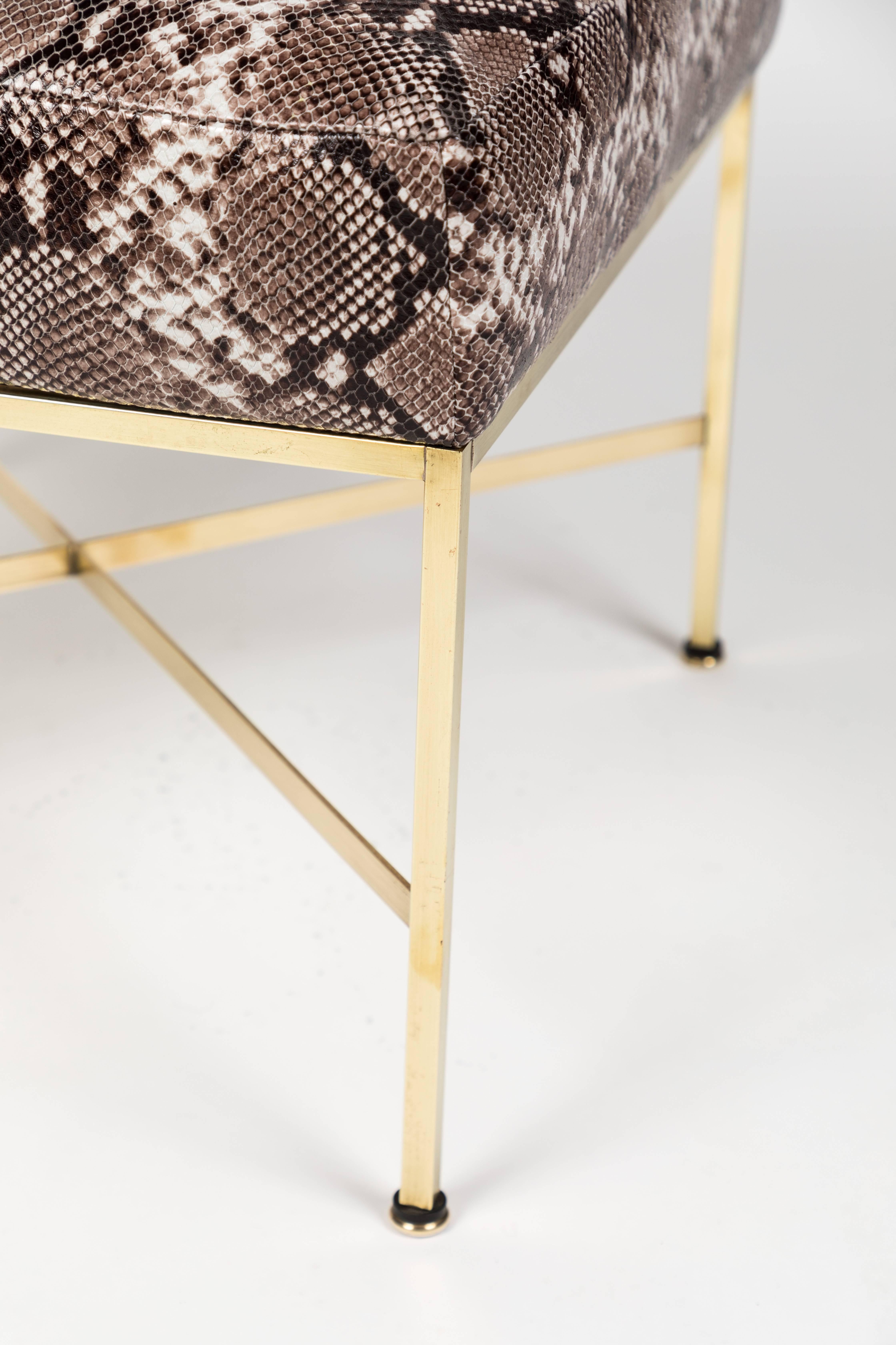 Pair of Brass and Python-Printed Leather Stools by Paul McCobb In Good Condition In Palm Desert, CA