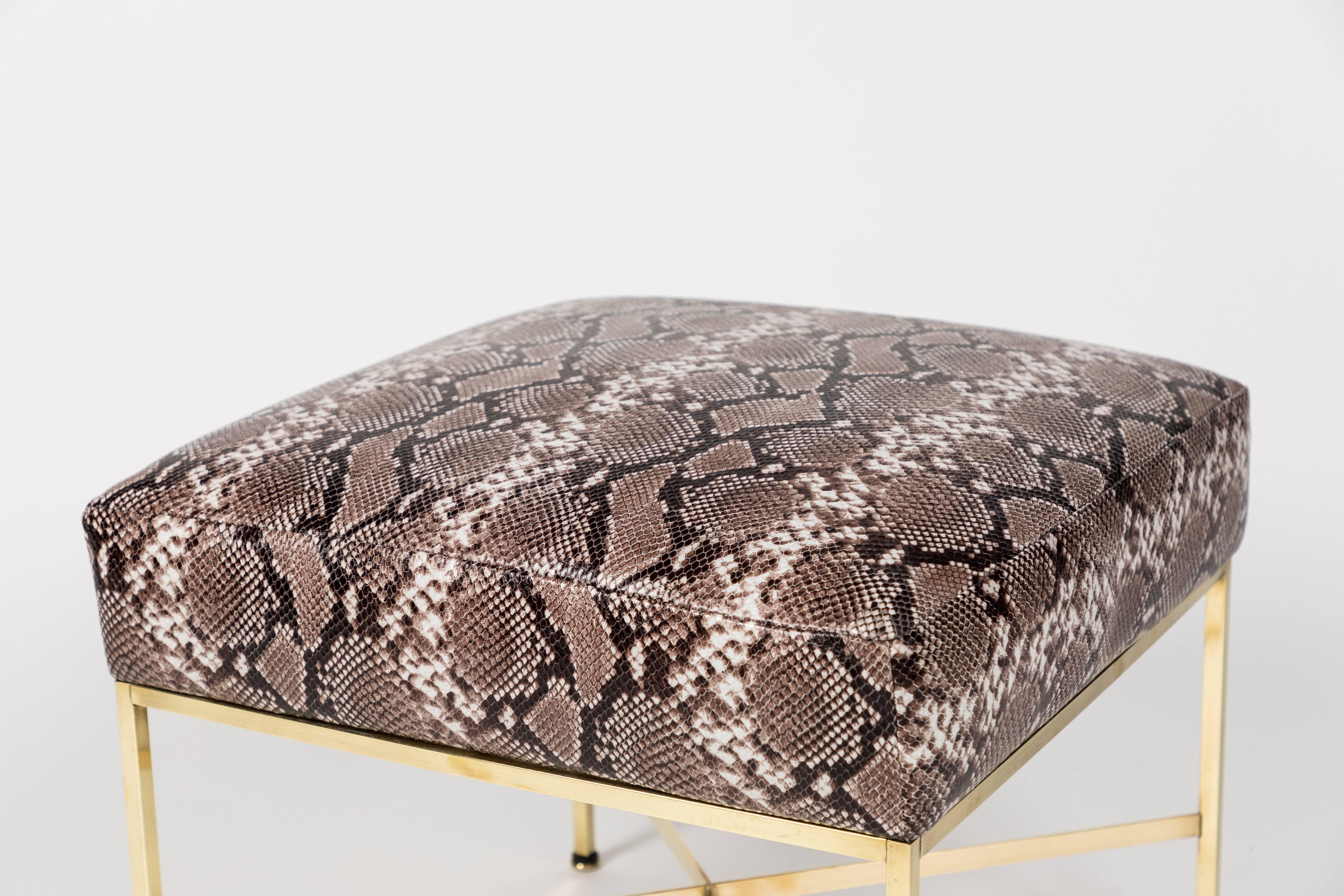 Mid-Century Modern Pair of Brass and Python-Printed Leather Stools by Paul McCobb