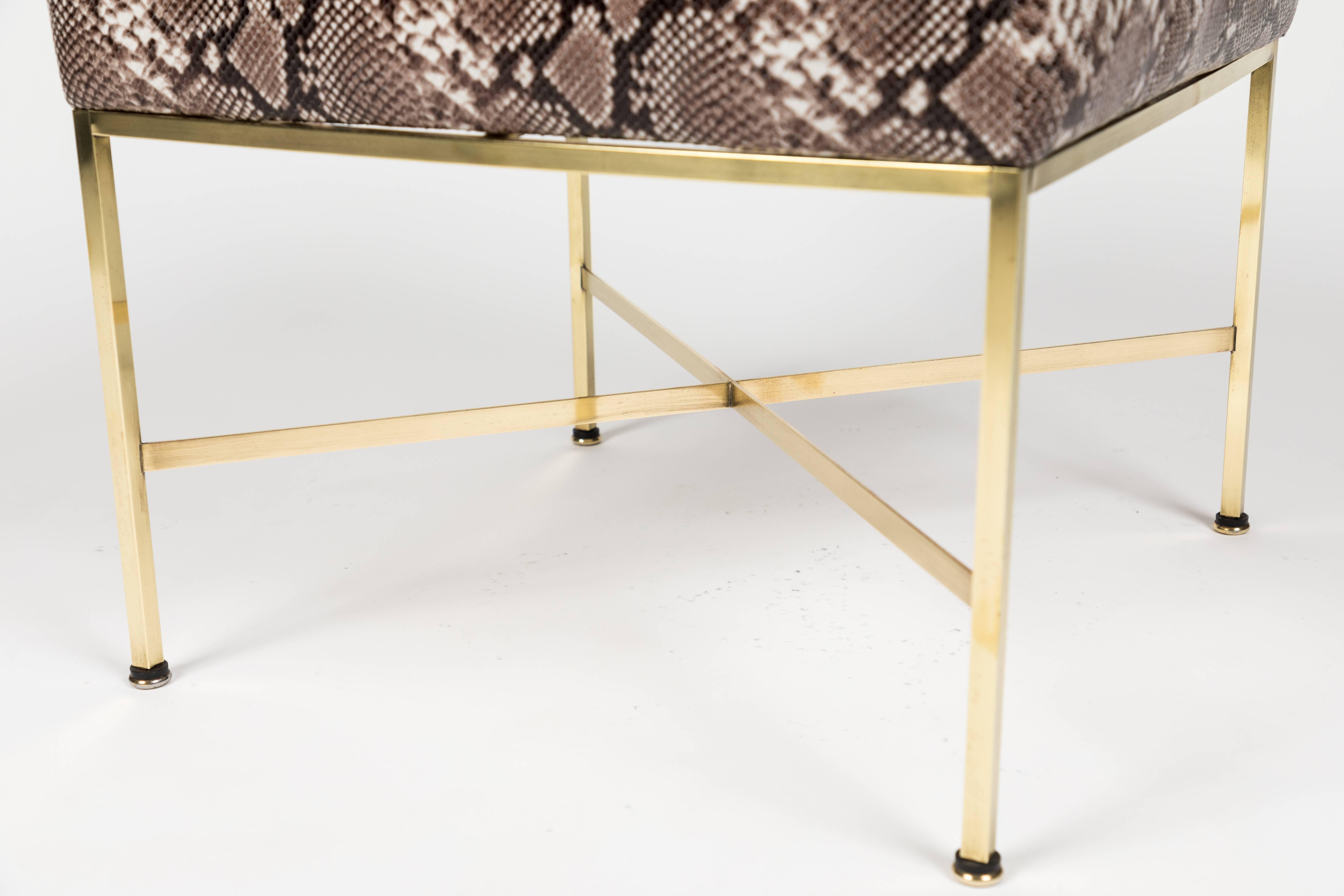 Polished Pair of Brass and Python-Printed Leather Stools by Paul McCobb