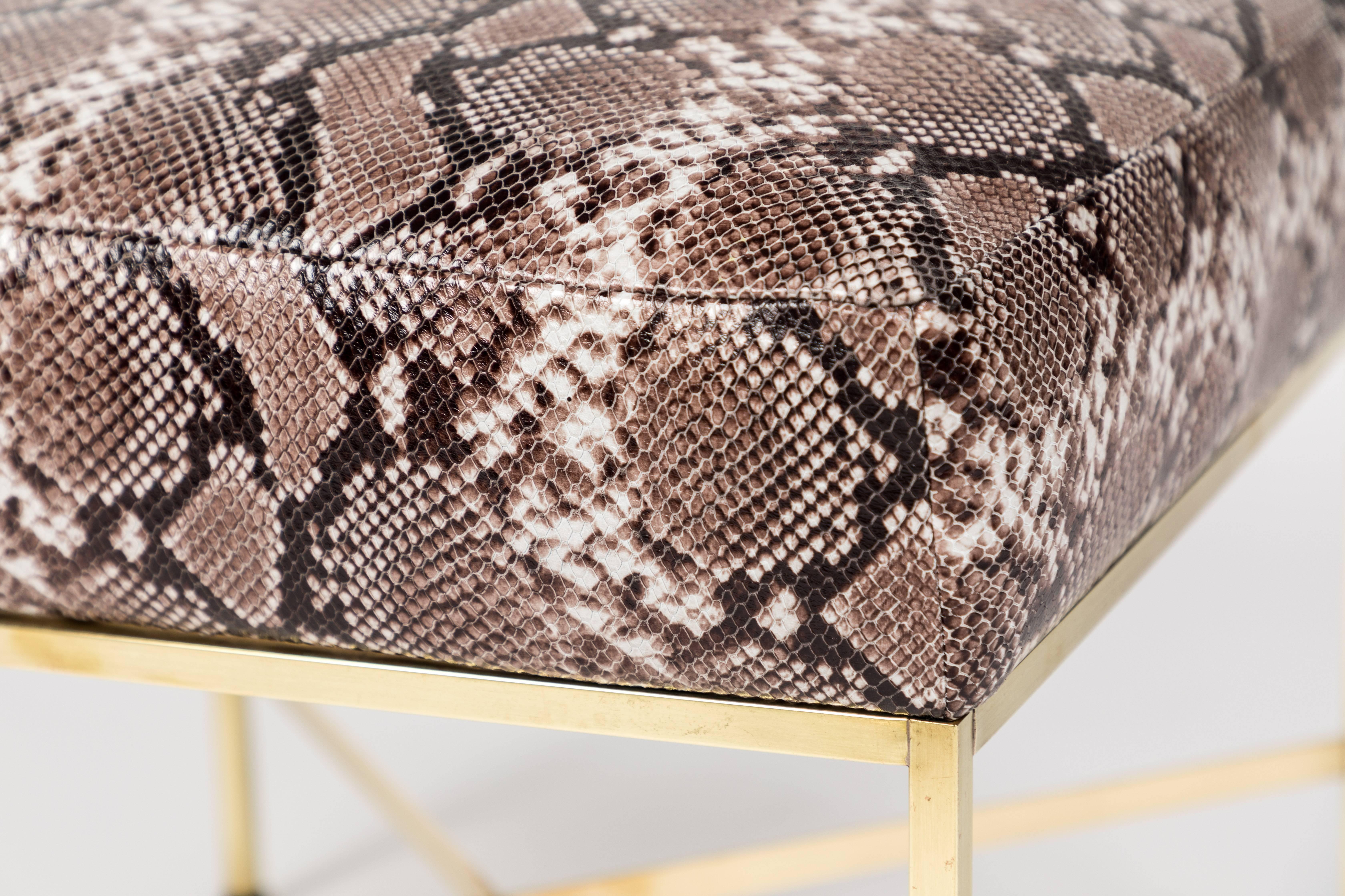 Mid-20th Century Pair of Brass and Python-Printed Leather Stools by Paul McCobb