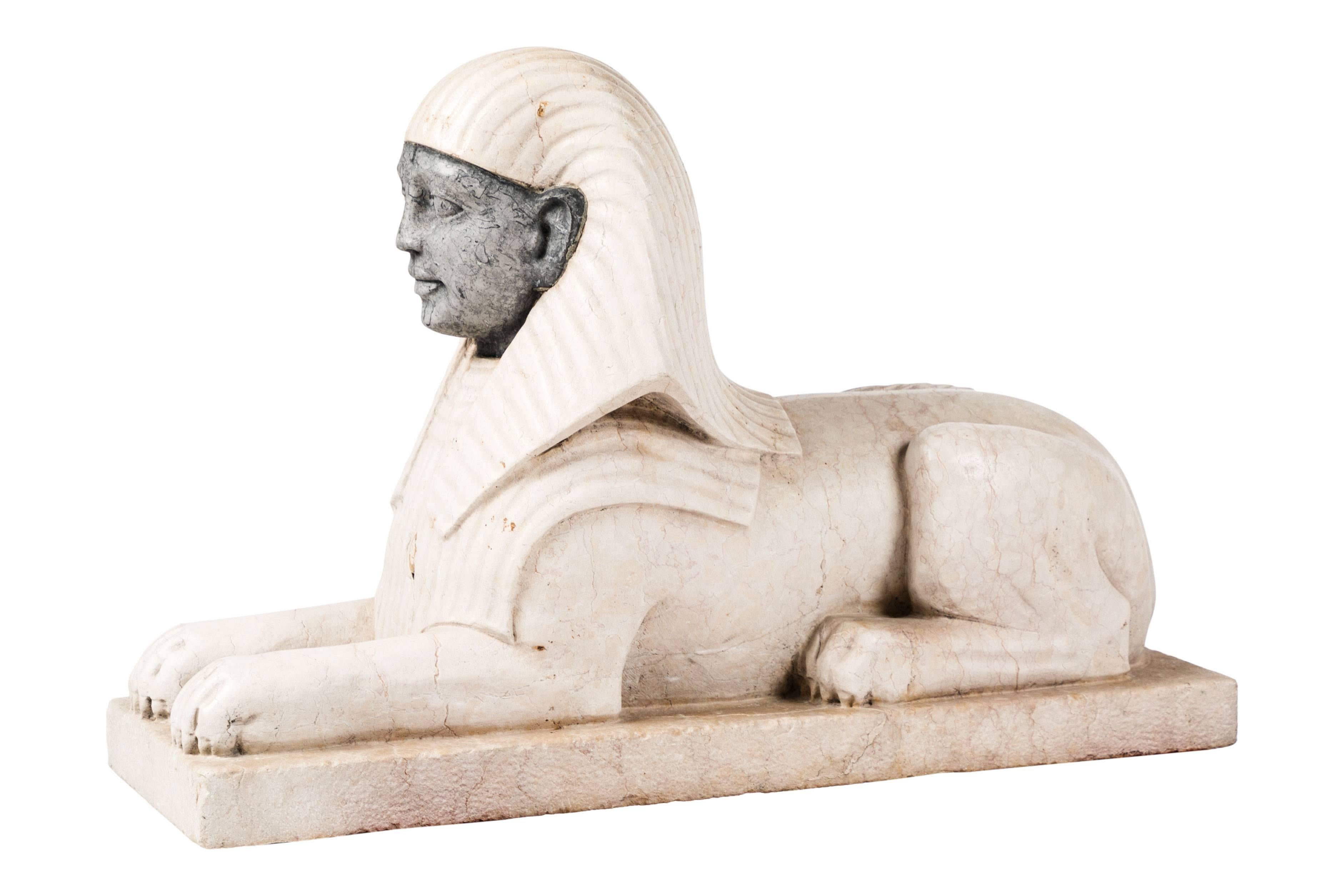 Italian Wonderful Pair of Art Deco Marble Sphinxes