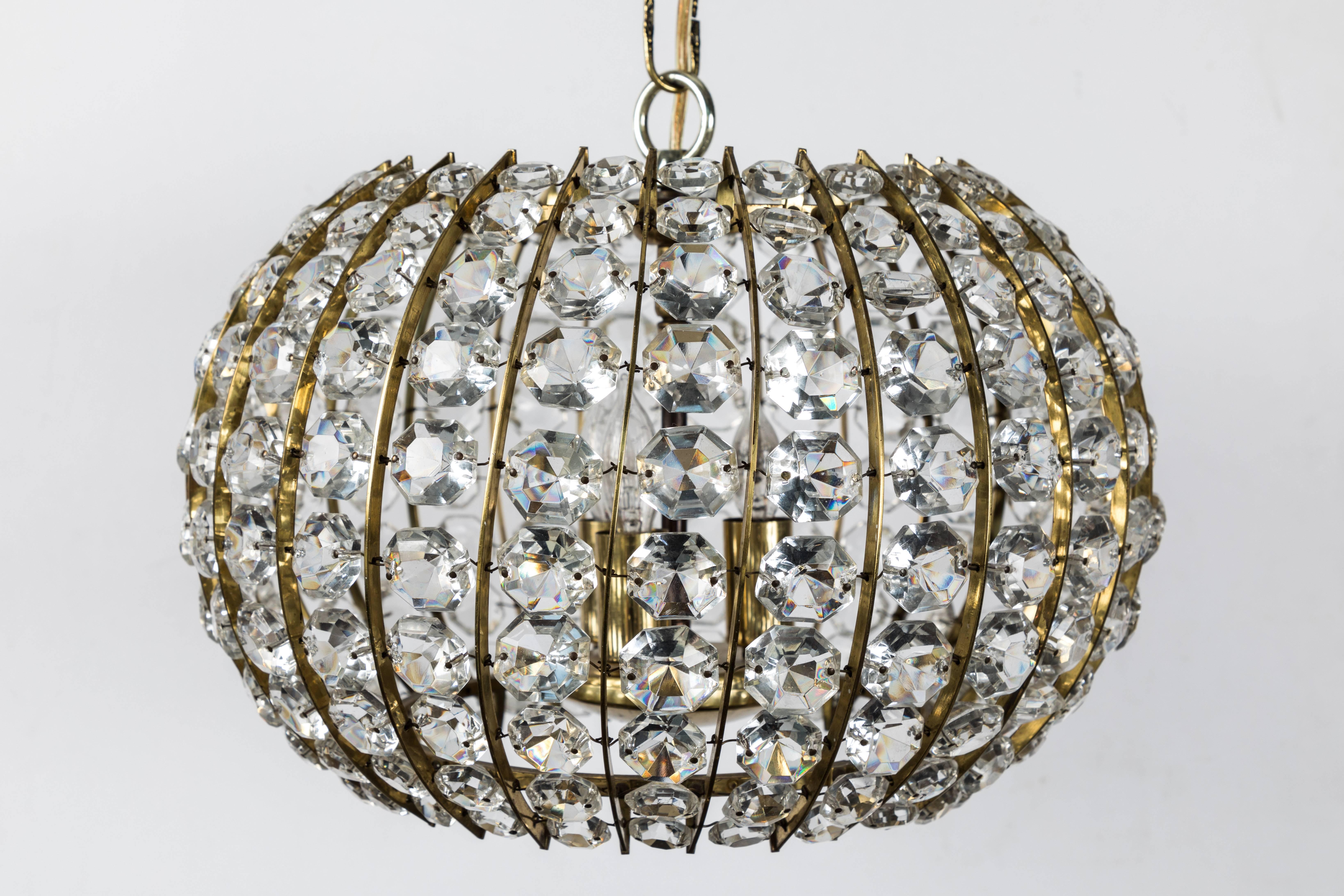 Mid-20th Century Crystal and Brass Pendant Fixture