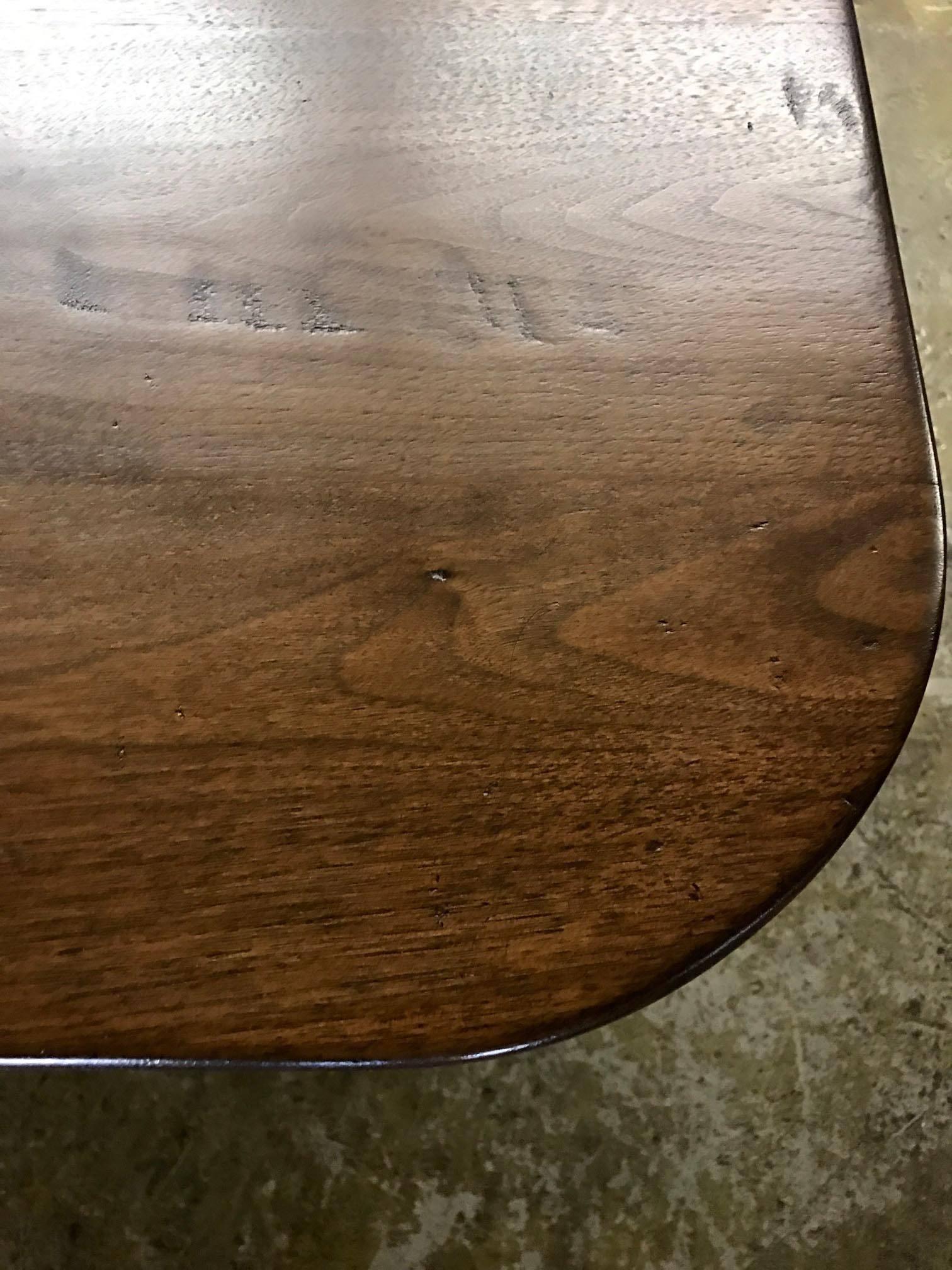 Custom beehive pedestal table with square top and 6 inch radius corners. Top is 1 7/8 inches thick. Can be custom-made in oak, mahogany or walnut in custom sizes and finishes. As shown here in walnut with slight hand planing and light distress and