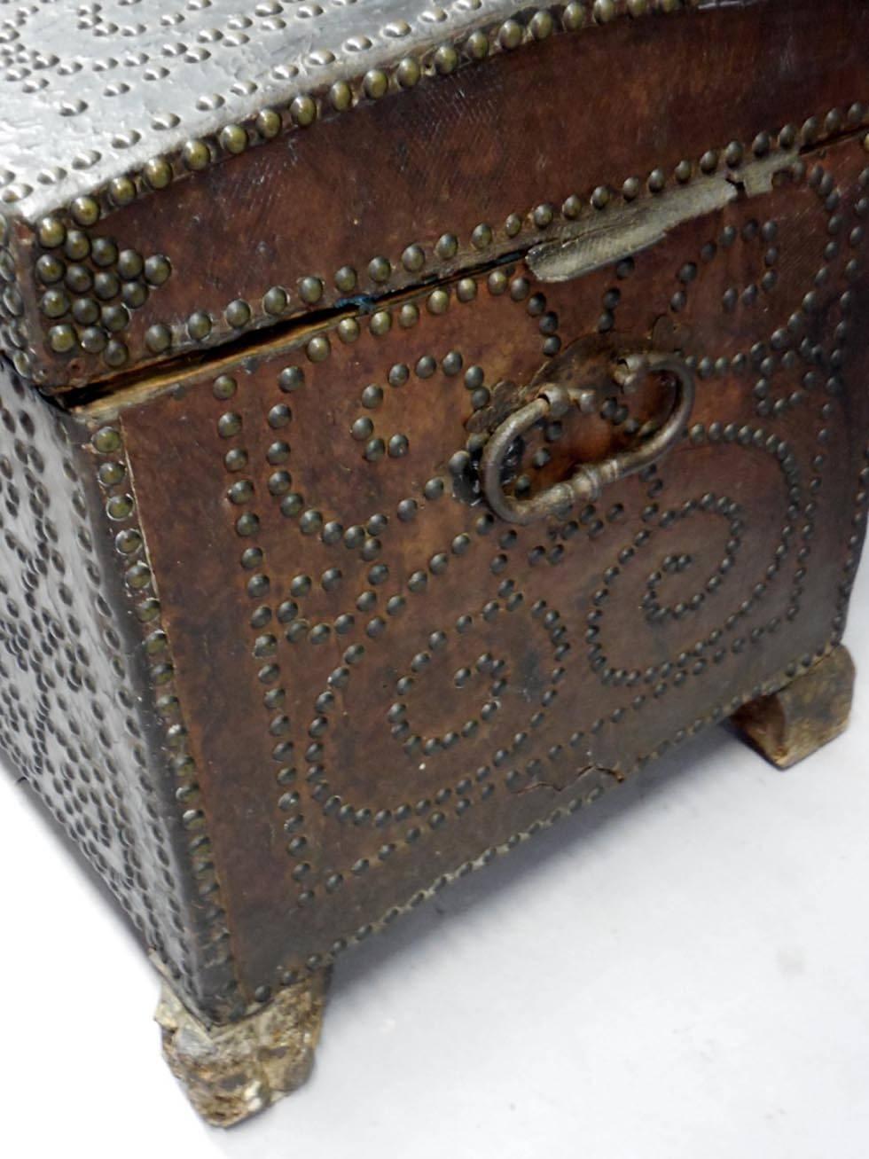 18th Century and Earlier Antique Spanish Leather Trunk with Brass Studs
