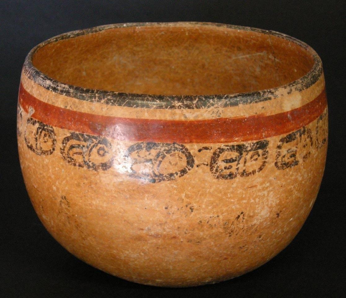 Mayan (from Guatemala) pre-Columbian painted terra cotta vessels. Classic period (850-550 AD)
Depictions of fish and birds. Pigments are still vivid and bright considering their age.

From left to right:

47-167 A 6.25 D x 4