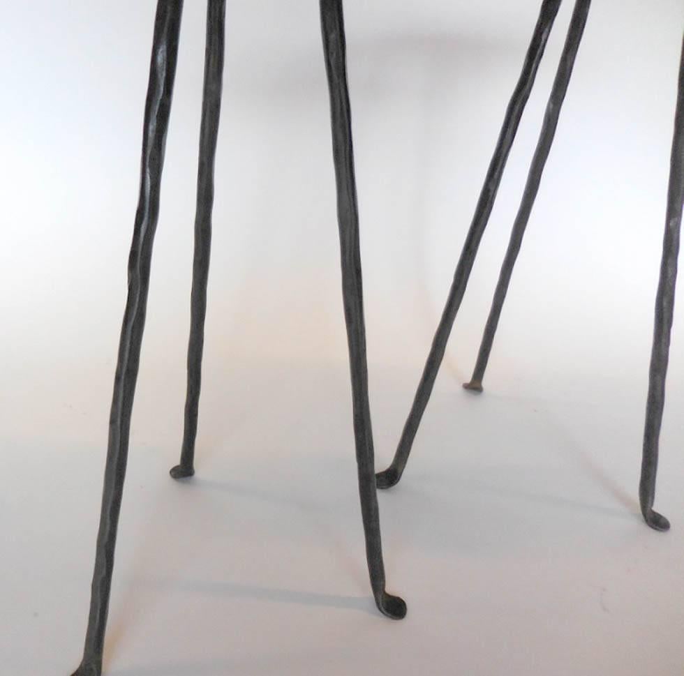 Tripod hand-forged iron cocktail tables with bronze edging around top. Great patina. Can be custom-made in square or round and in any size and height. Sold and priced individually. Made in Los Angeles by Dos Gallos Studio. CUSTOM PRICES ARE SUBJECT