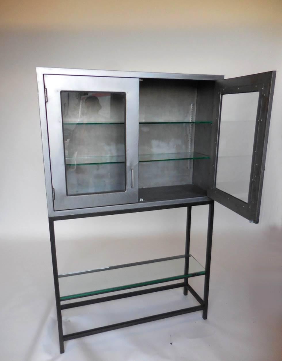 Vintage Metal Dentist With Glass Doors and Custom Iron Base at