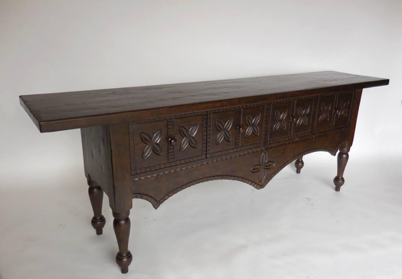 Rustic Dos Gallos Custom Carved Walnut Console with Drawers For Sale