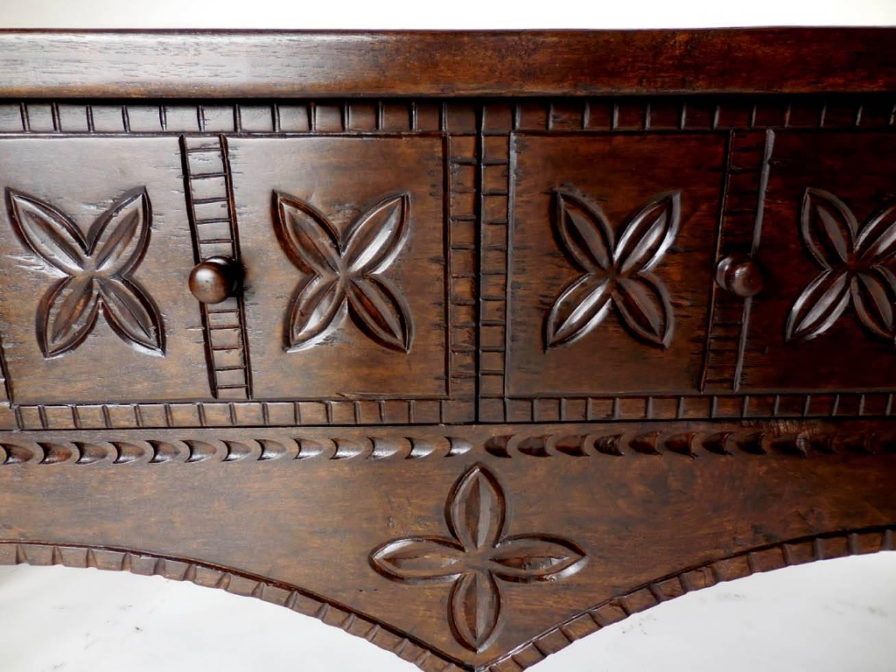 Dos Gallos Custom Carved Walnut Console with Drawers In Distressed Condition For Sale In Los Angeles, CA