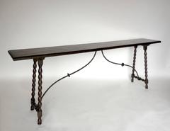 Dos Gallos Custom Walnut Wood and Iron Console with Bobbin/Spool Turned Legs