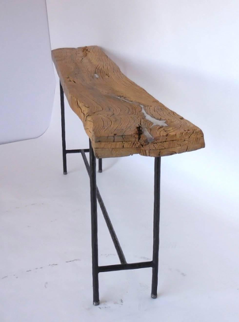 Early 19th century Japanese Elm inlaid with Pewter. Smooth and very worn original finish. Hand-forged iron legs capped in Pewter with three stretchers. One of a kind modern yet rustic piece. Dos Gallos Studio.