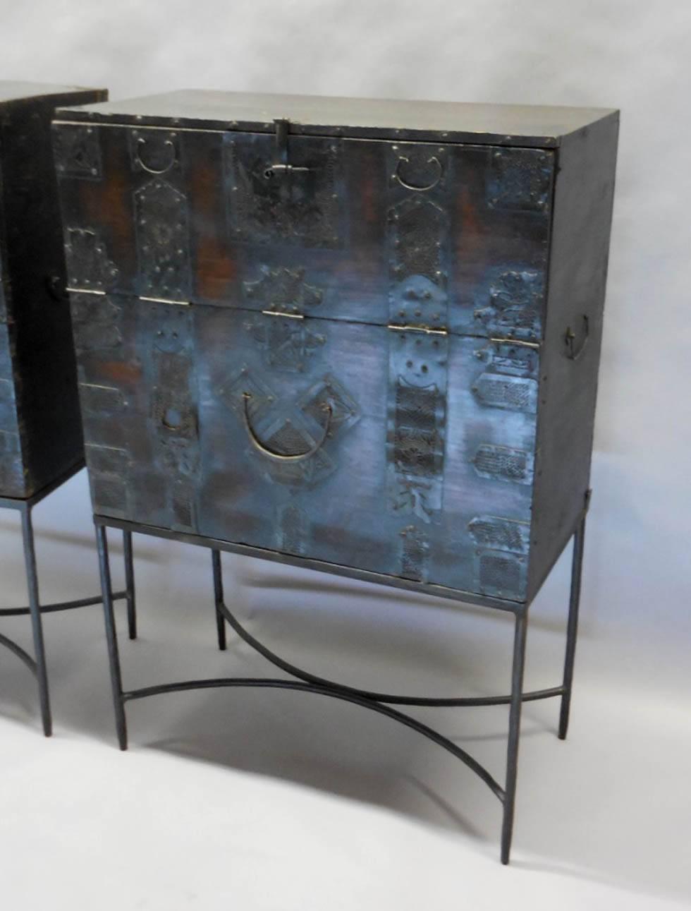 Primitive Pair 18th Century Tall Korean Chests on Iron Bases